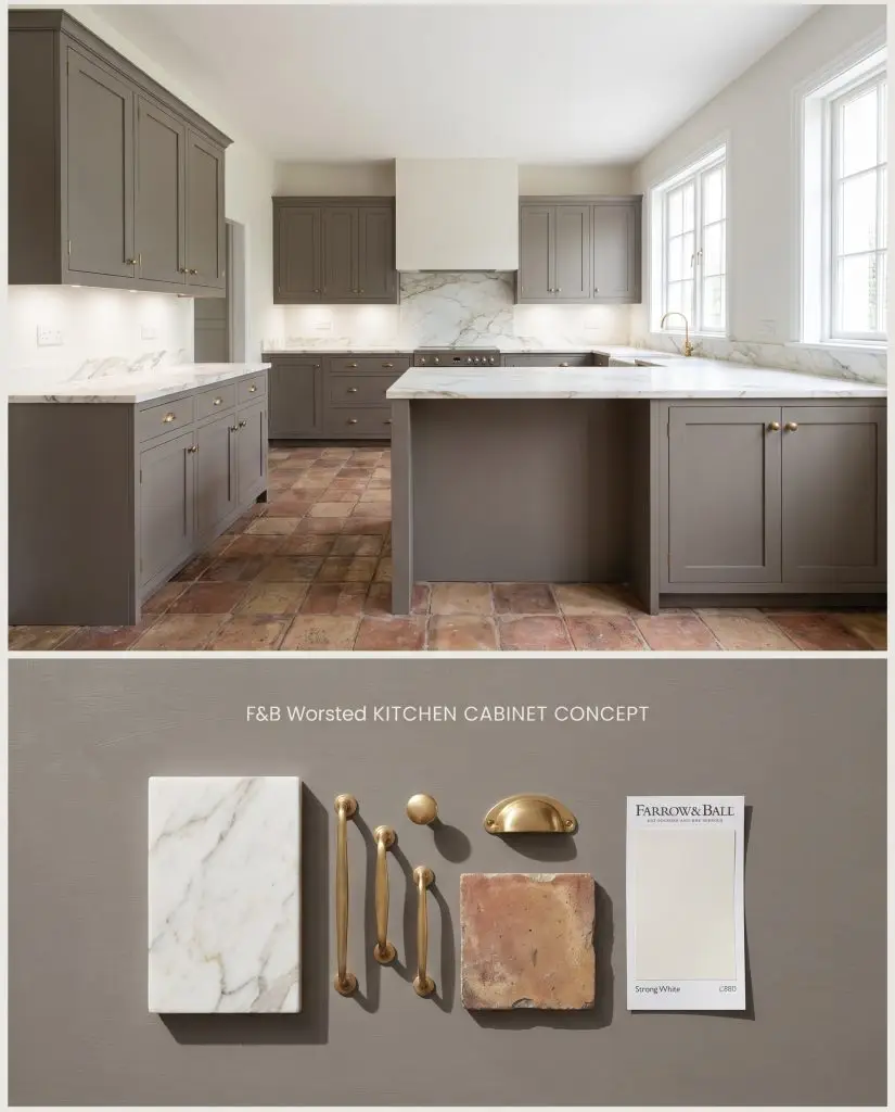 A split digital conceptual board presenting gray shaker kitchen cabinets on top and a honed Calacatta marble flat-lay on the bottom.