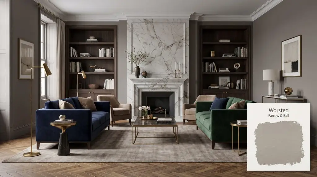 Velvet seating and a marble fireplace surround complement herringbone hardwood floors in a sophisticated living room finished in Worsted 284 (Hex #a09c97).