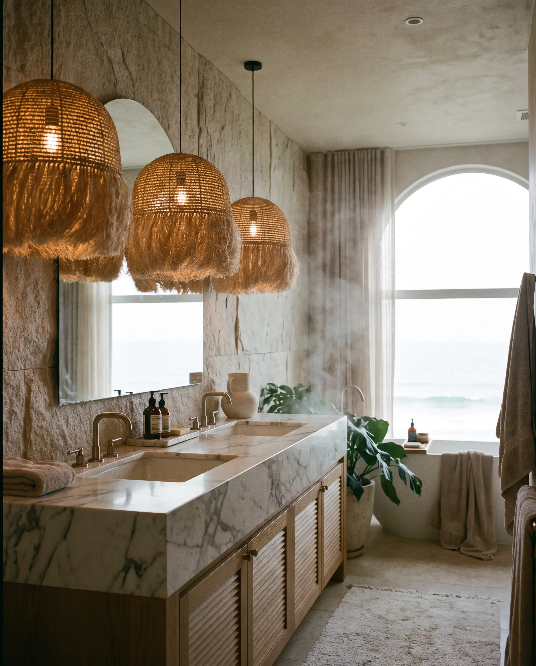 Damp-rated woven rattan pendant lights suspend at eye level over a polished marble vanity, casting a warm glow above a rift-sawn white oak base.