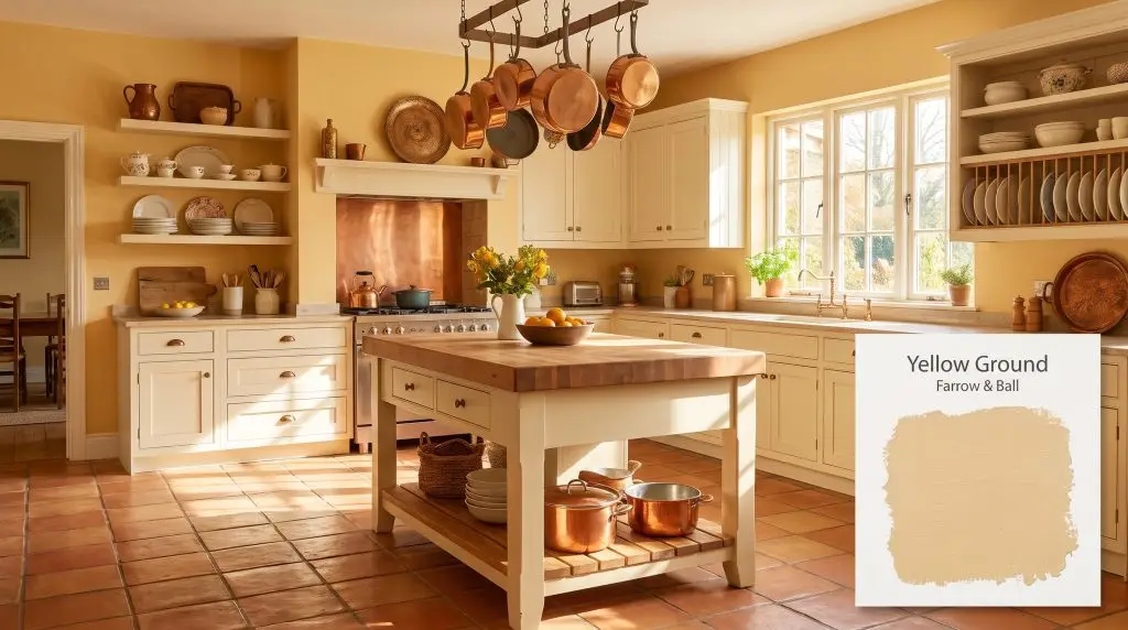 Terracotta tile floors and cream cabinetry anchor a spacious, sunlit farmhouse kitchen featuring walls painted in Yellow Ground 218 (Hex #edcc8a).