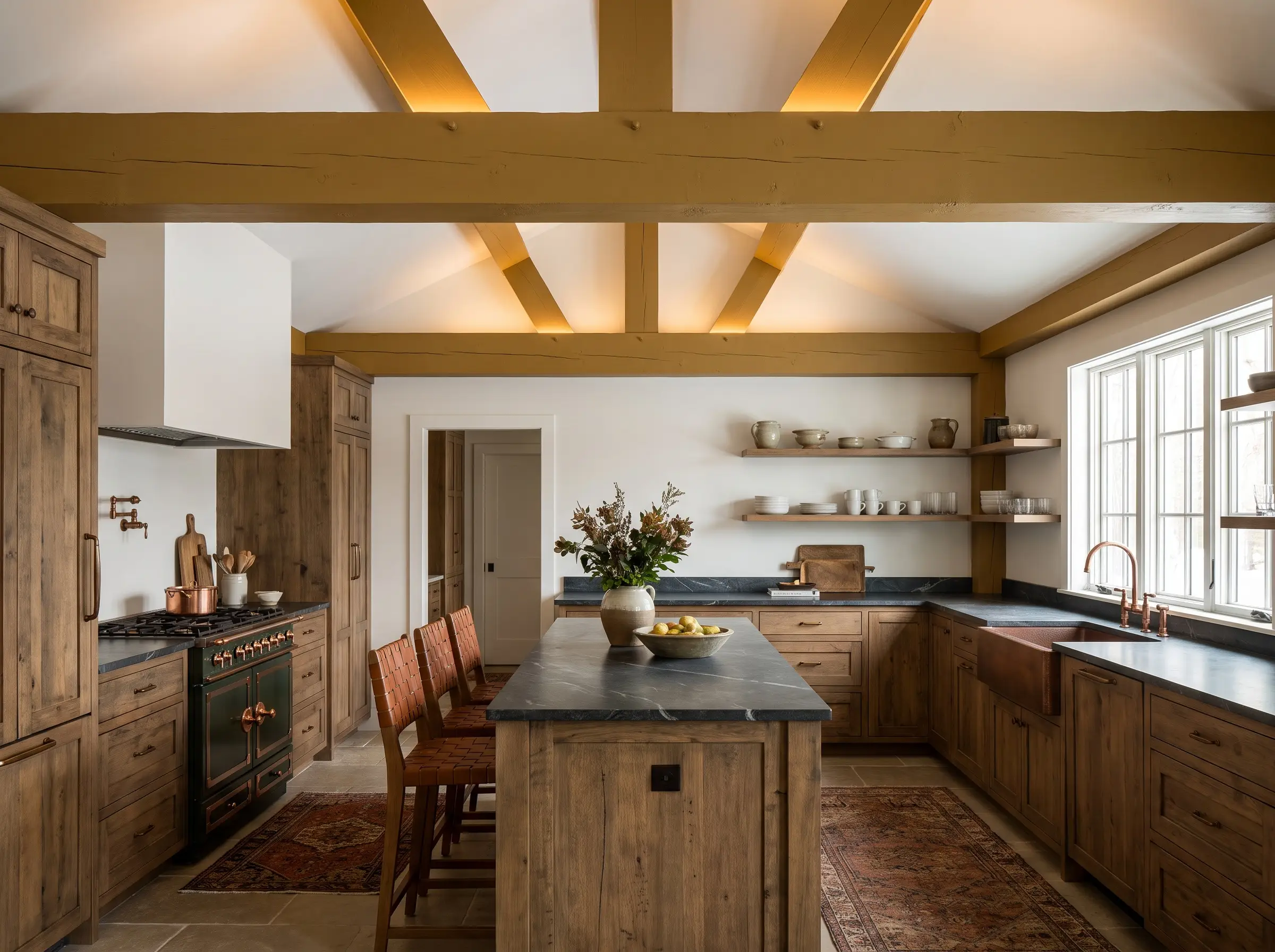 Heavy exposed structural timber ceiling beams painted in Portola Paints Sundance contrast against crisp flat white drywall in a refined rustic culinary space.