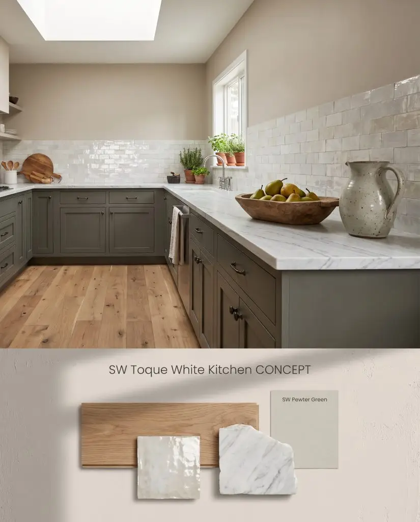 A split digital visualization showing an earthy kitchen with taupe-white walls above, and oak, tile, and quartzite materials below.