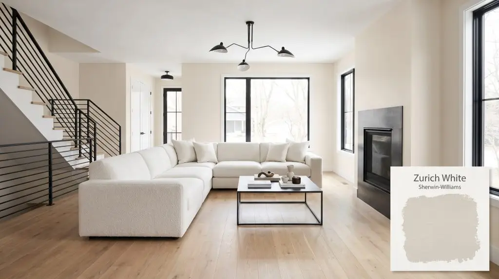 Minimalist black metal accents and a white boucle sectional contrast with light oak floors and Sherwin-Williams Zurich White (Hex #E6E1D9) walls.