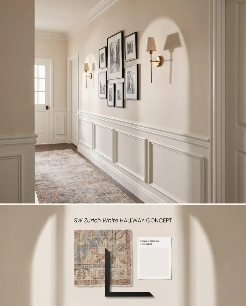 Digital split layout showcasing a classic traditional hallway painted in Zurich White above a curated flat-lay of vintage Oushak wool and black wood.
