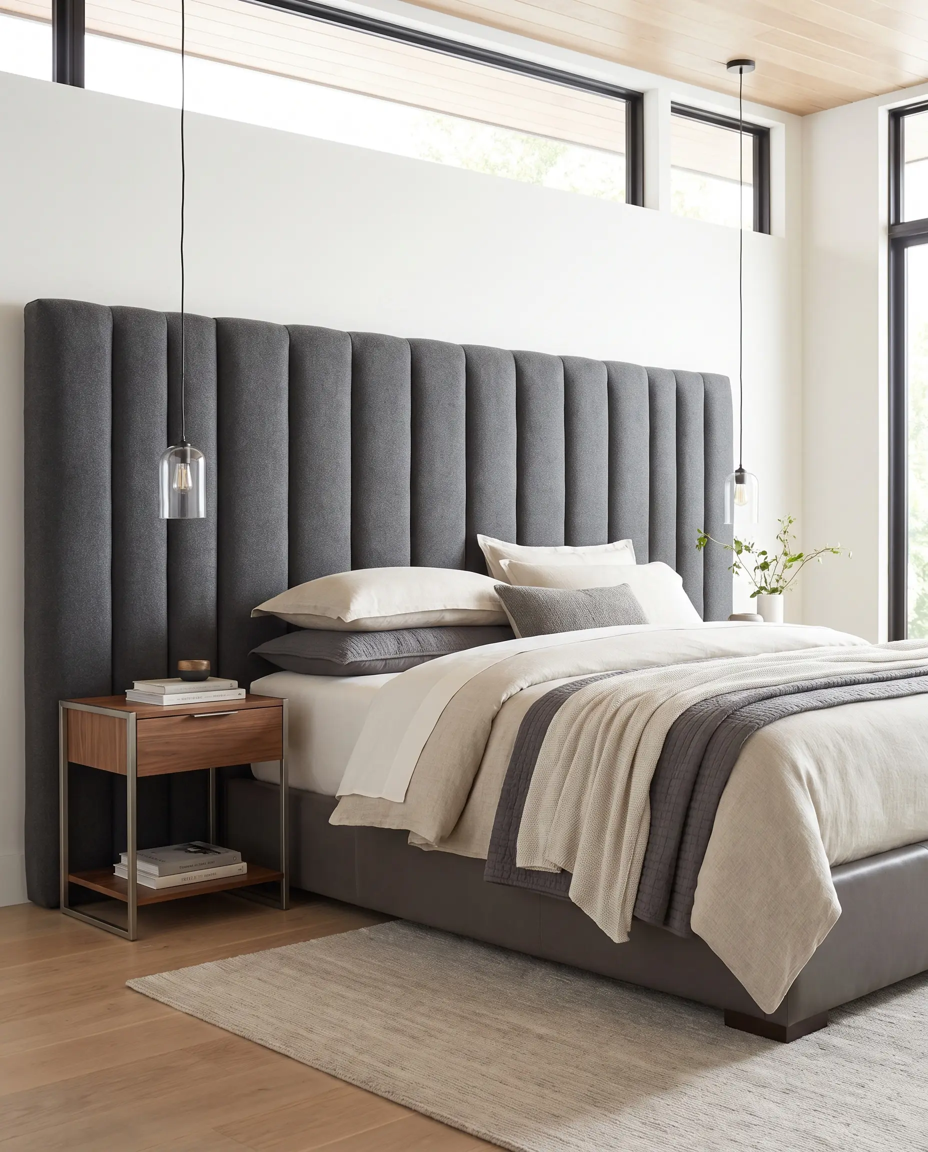 A plush headboard showcases extreme vertical wide-channel tufting in soft charcoal gray performance wool, anchored by a matte leather platform base.