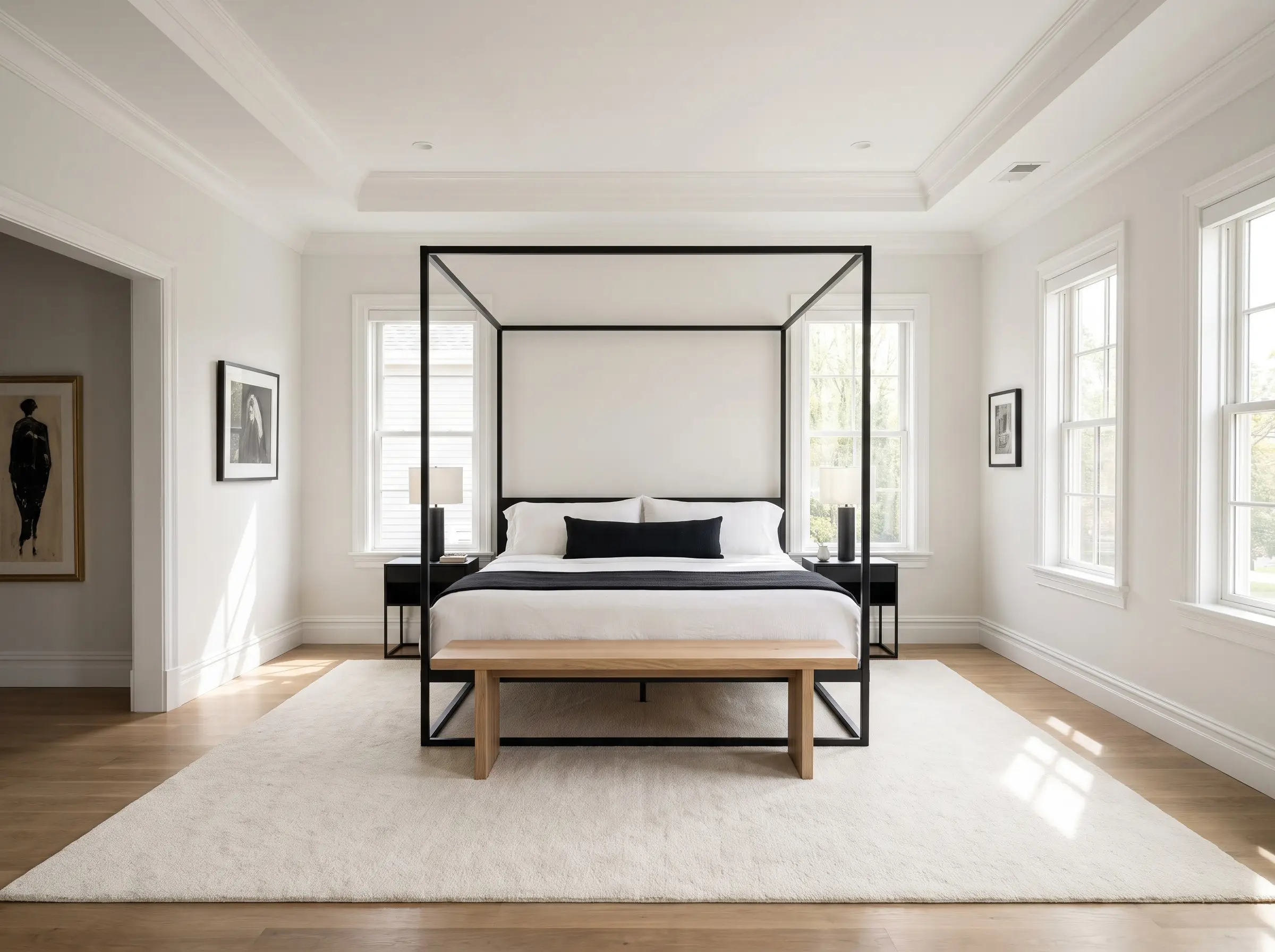 An ultra-thin matte black steel modernist canopy bed stands against Farrow & Ball Wevet painted walls, paired with a raw white oak bench.