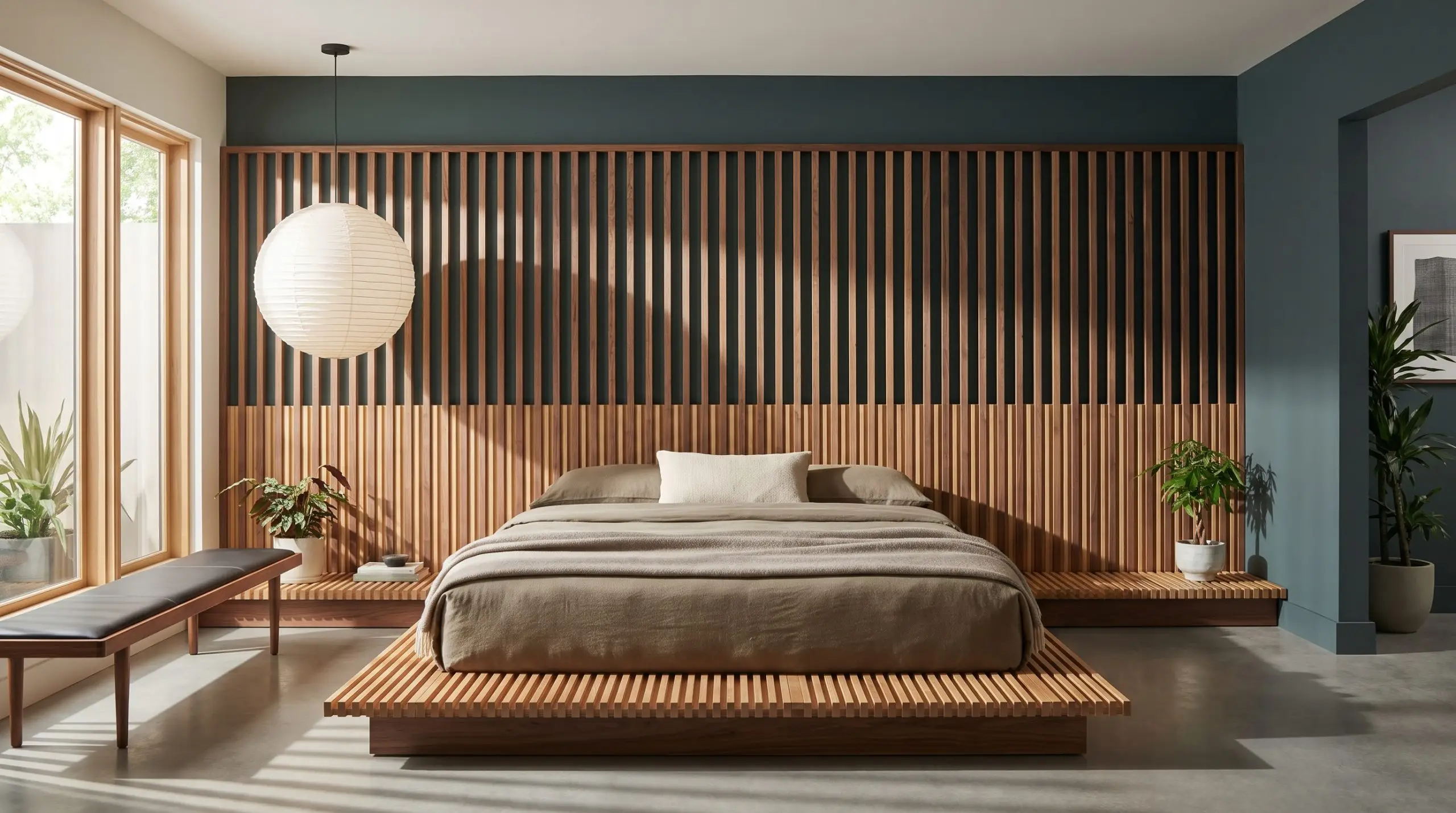 Defining 2027 bed frame headboard trends, an integrated slatted walnut headboard reveals Farrow & Ball Studio Green walls behind CNC-milled fluted oak.