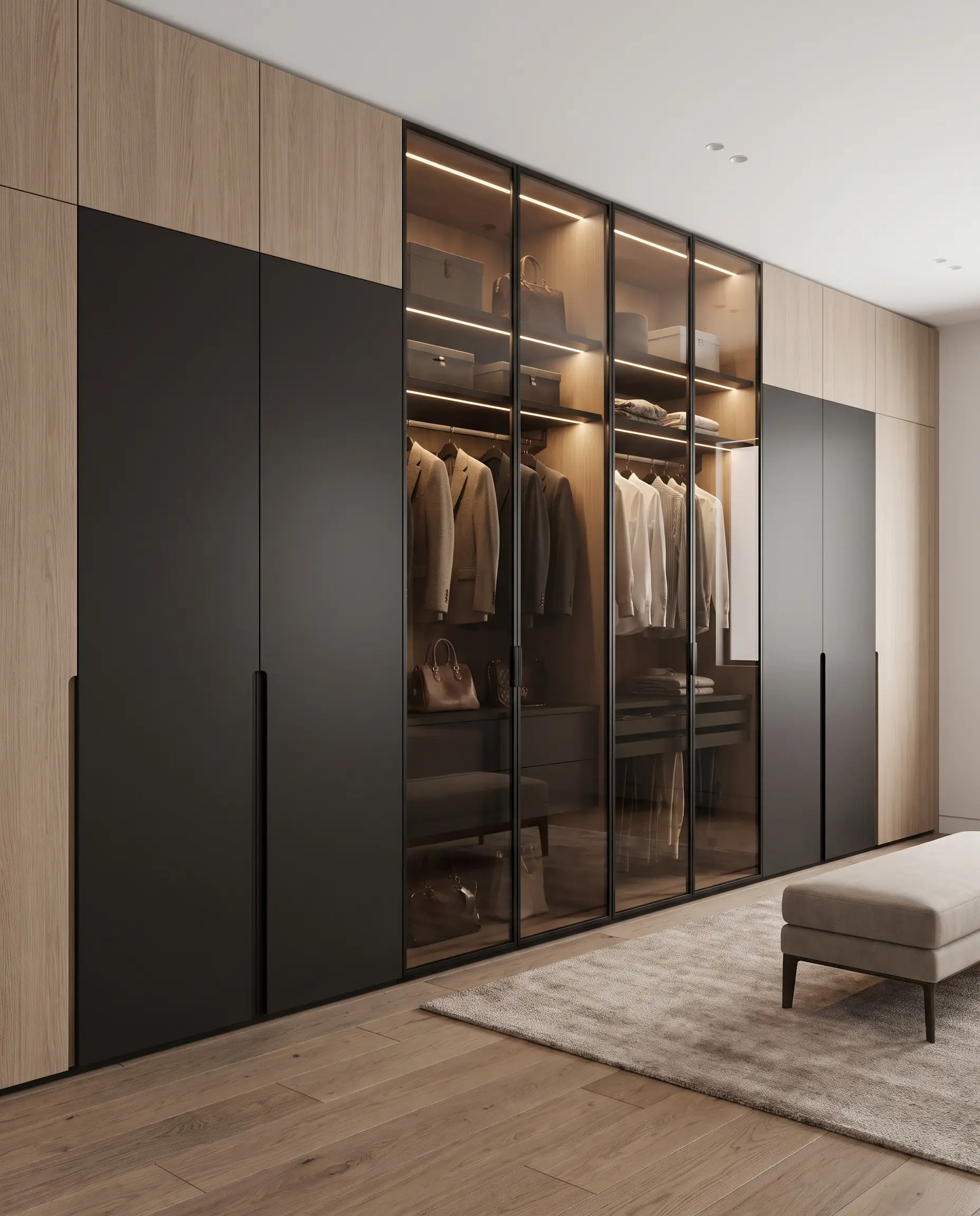 Solid slab doors with integrated edge pulls contrast alongside bronze-tinted glass framed in slim-profile aluminum for concealed storage.