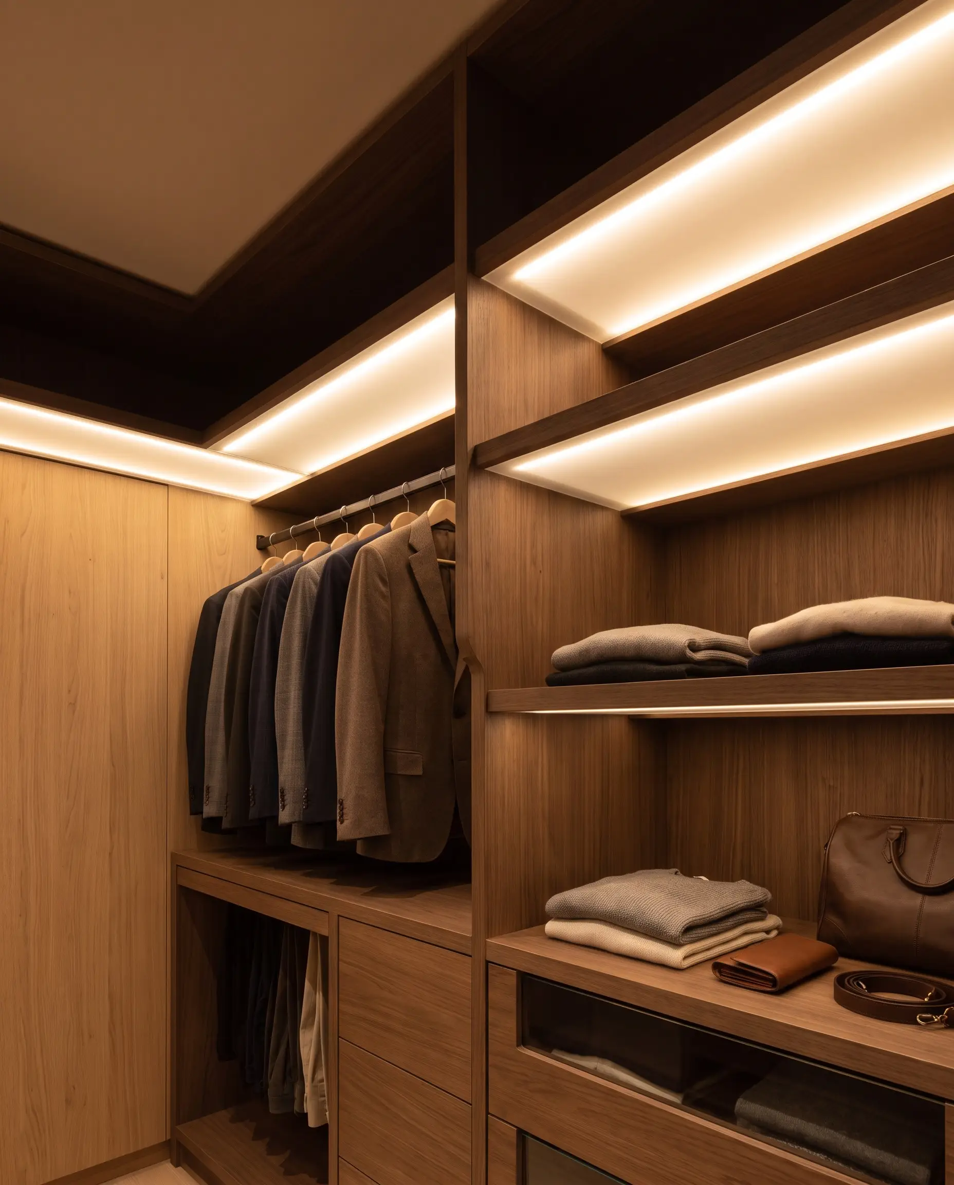 Continuous LED strip lighting sits seamlessly inside recessed aluminum channels routed flush into the underside of bespoke closet shelving.