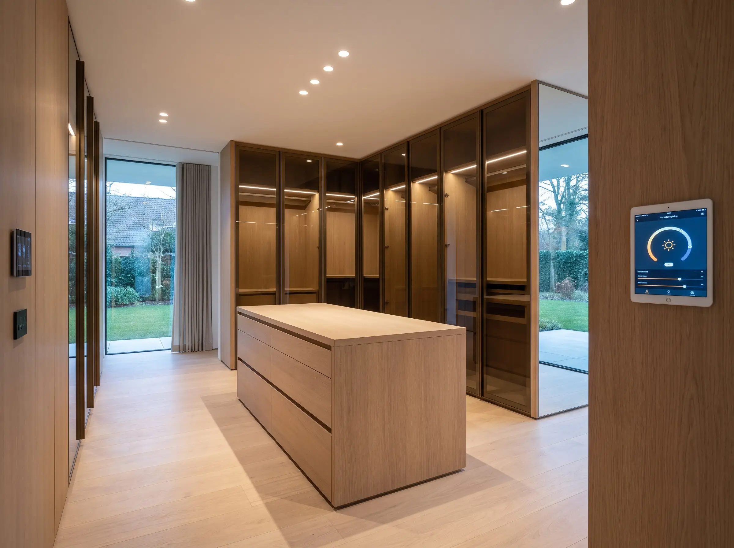 Tunable LED drivers cast a daylight-accurate glow across rift-sawn woodgrains and bronze-tinted glass doors, defining 2027 closet and wardrobe design trends.