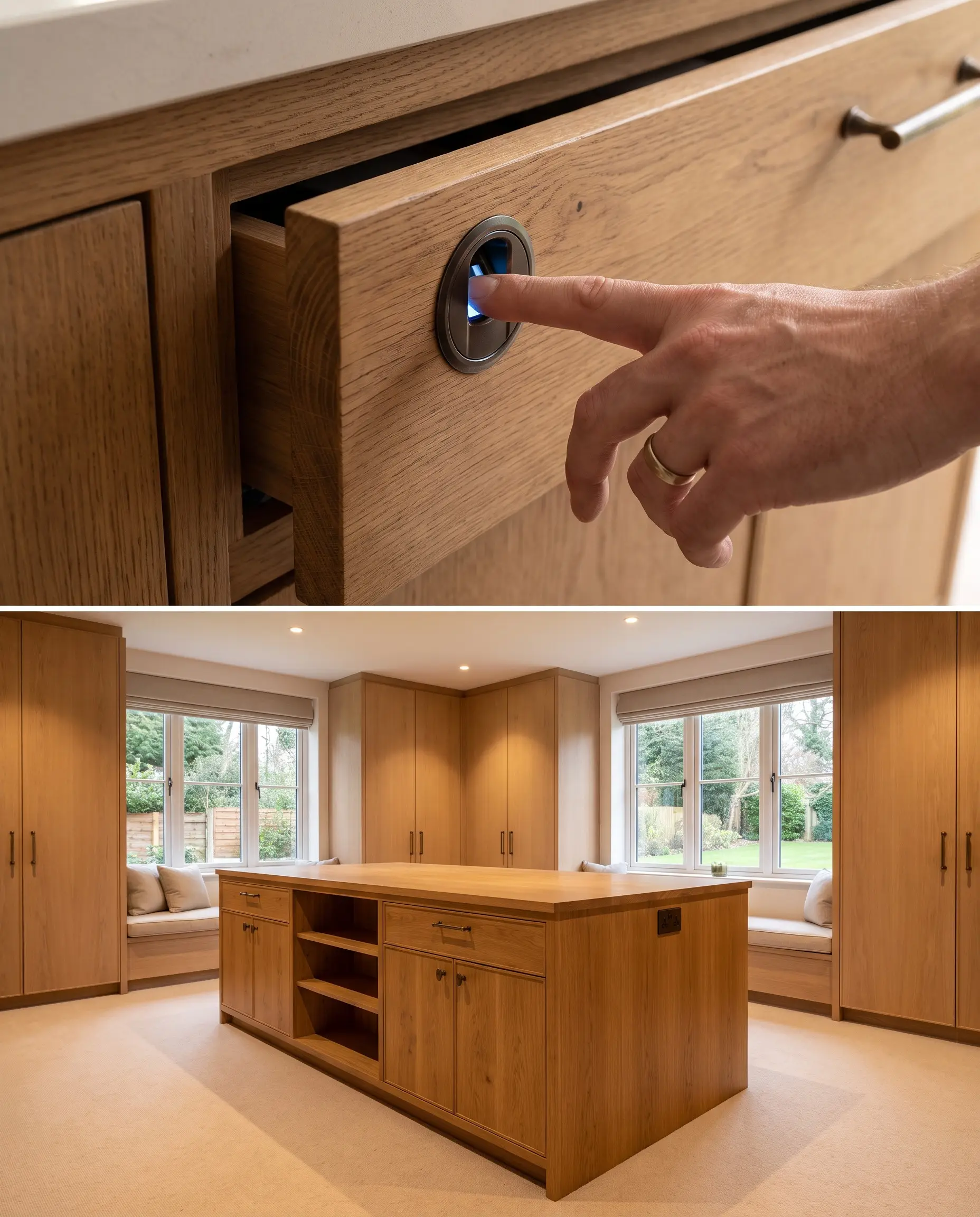 A discreet biometric fingerprint-activated electronic lock integrates seamlessly into a heavy security drawer within a rift-sawn oak island, highlighting 2027 closet and wardrobe design trends.