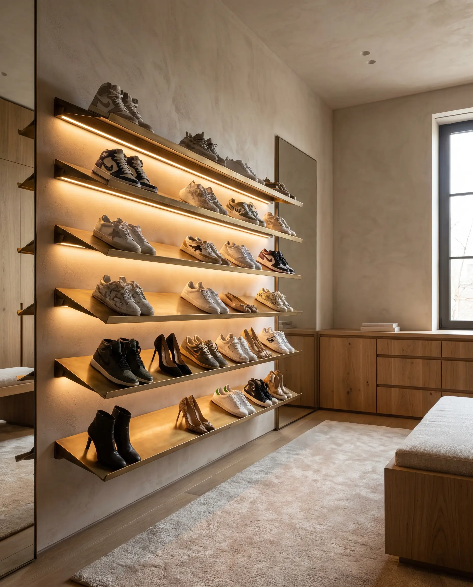 Individually back-lit slanted shelves feature angled brackets with front-lip catches to dramatically showcase the silhouettes of luxury sneakers and heels.