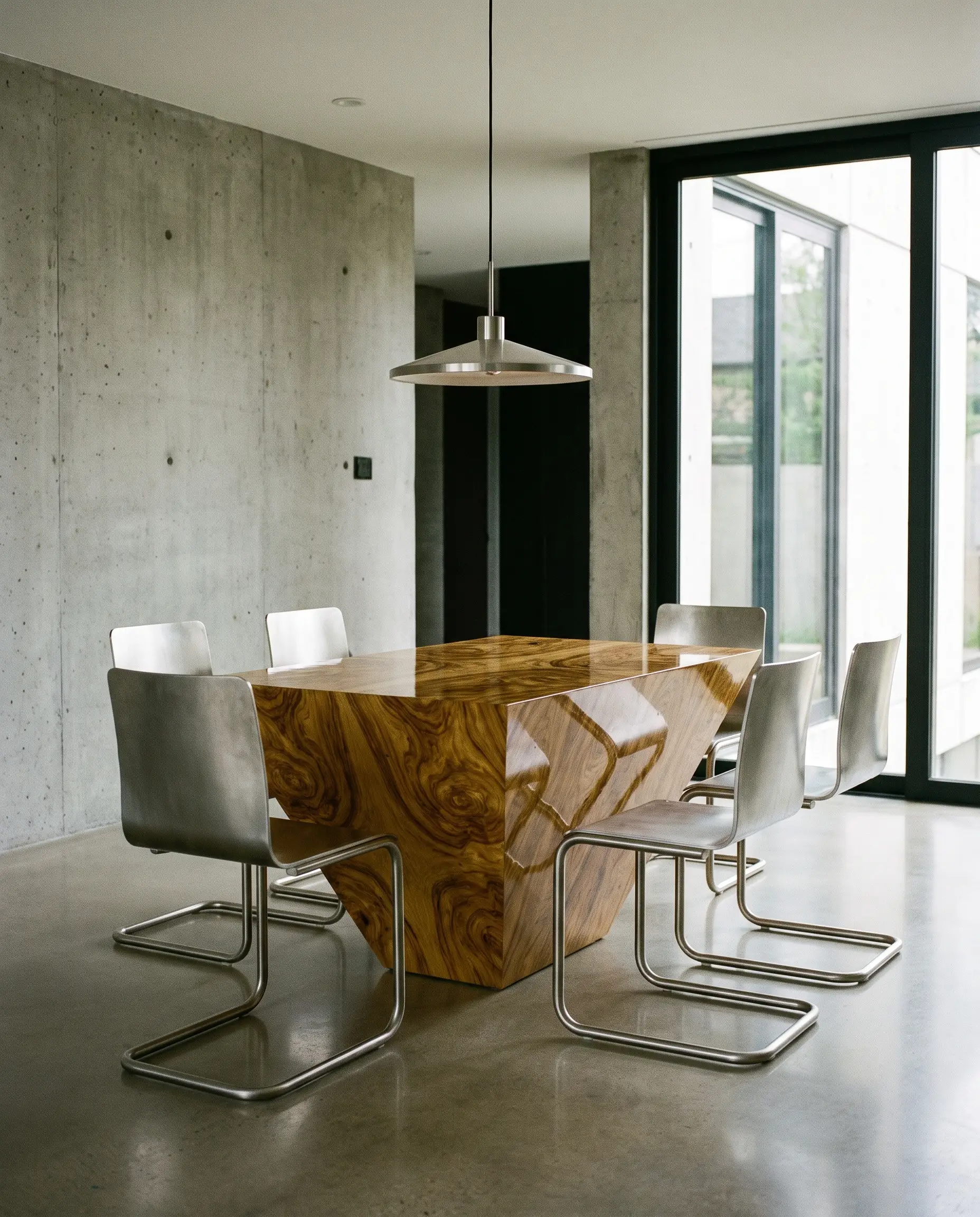 A geometric high-gloss olive ash burl wood veneer dining table is paired with brushed steel cantilevered chairs in a contemporary dining room.