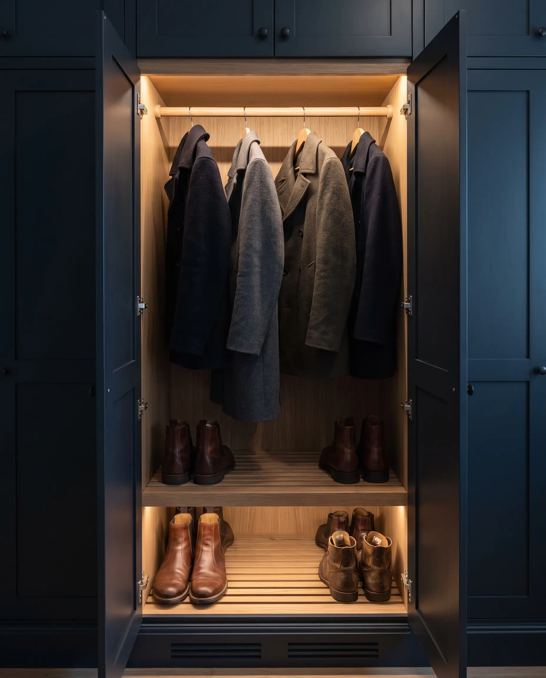 Slatted wooden shelving and louvered toe-kick vents conceal radiant heat mats inside a bespoke dark matte painted mudroom drying closet.