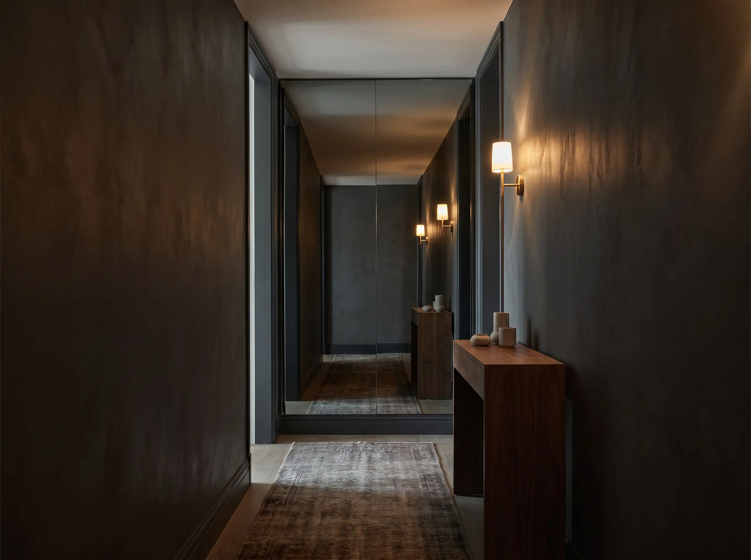 A custom floor-to-ceiling grey-tinted smoked mirror panel reflects a sleek walnut console table and ambient sconce lighting in a narrow apartment corridor.
