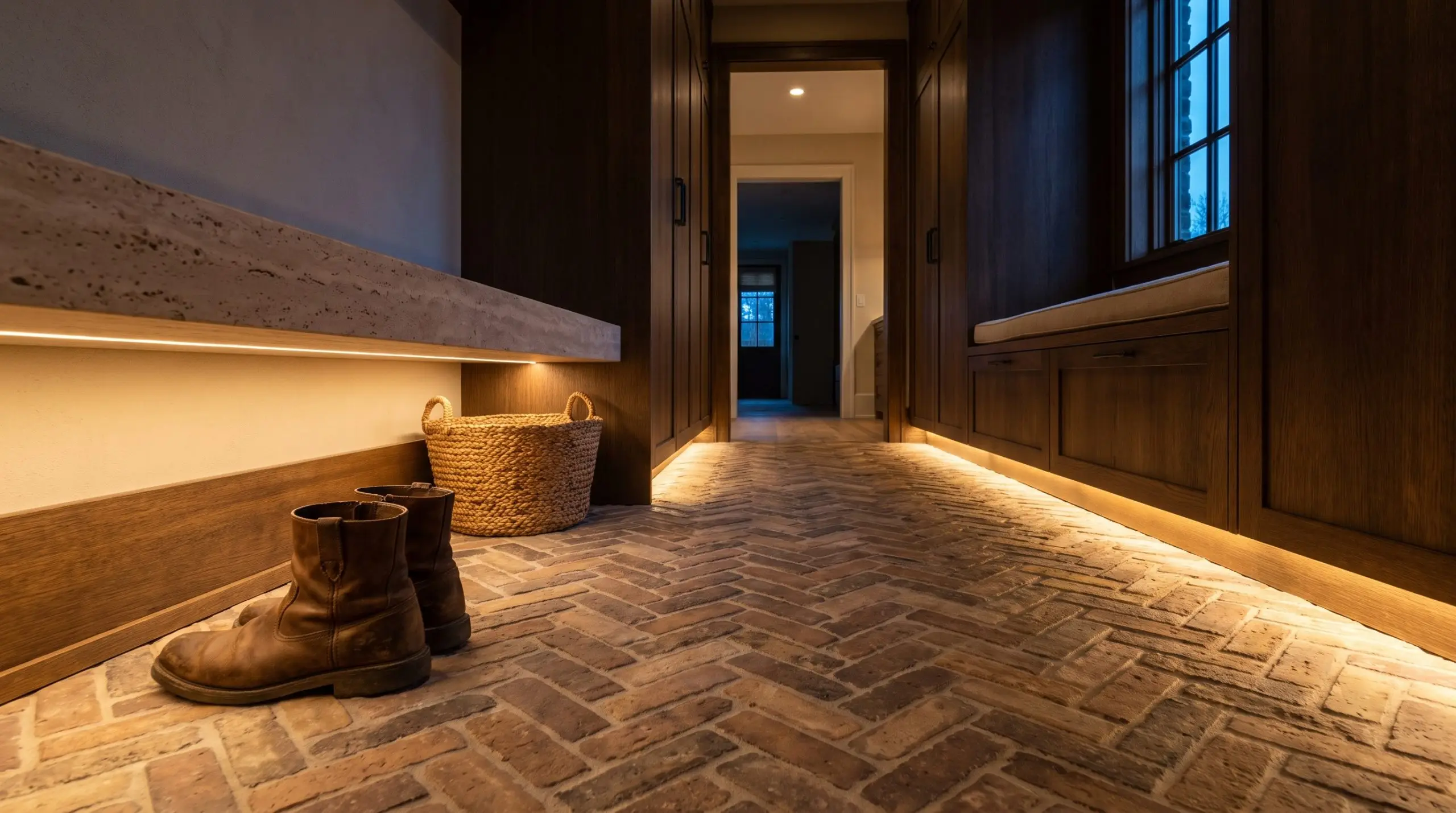 Warm LED strip lighting illuminates the toe-kicks of a floating travertine bench and bespoke cabinetry above a tumbled herringbone brick floor.