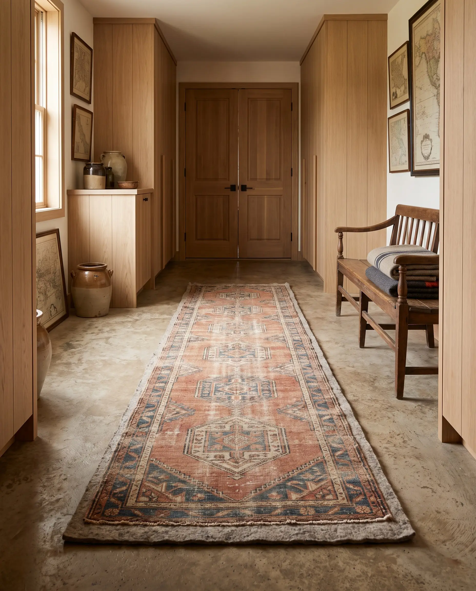 A distressed vintage wool Oushak runner with integrated felt backing lies flat across a seamless micro-cement floor bordered by crisp white oak millwork.