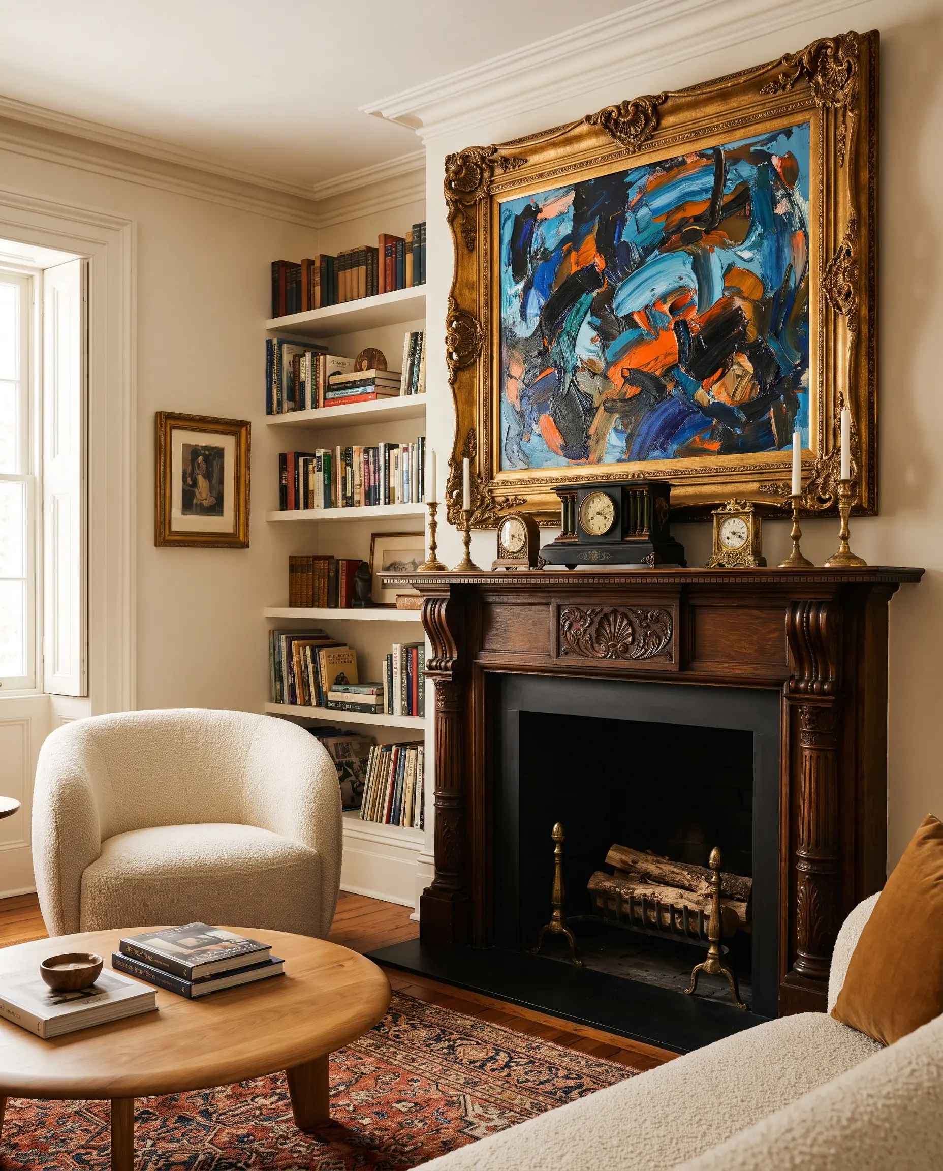 A massive contemporary abstract acrylic canvas in a heavy 19th-century gilded antique frame hangs above an ornate traditional carved wood fireplace mantle.