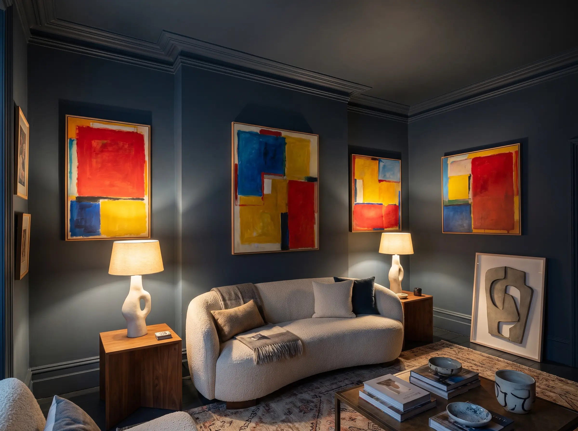 Hale Navy walls, heavy trim, and ceiling enclose a modern sculptural bouclé sofa and contemporary abstract art in 2027 maximalism and eclectic interior trends.
