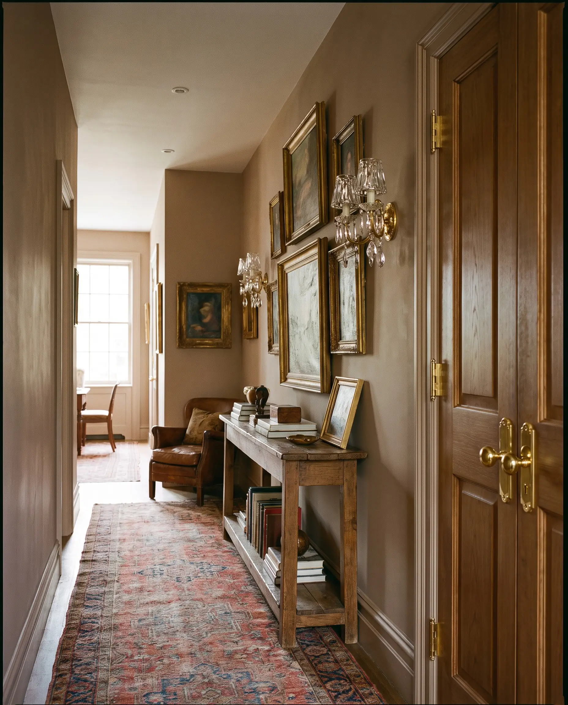 Ultra-flat matte Dead Salmon walls contrast with polished solid unlacquered brass door hardware and a brass wall sconce in a luxurious hallway.
