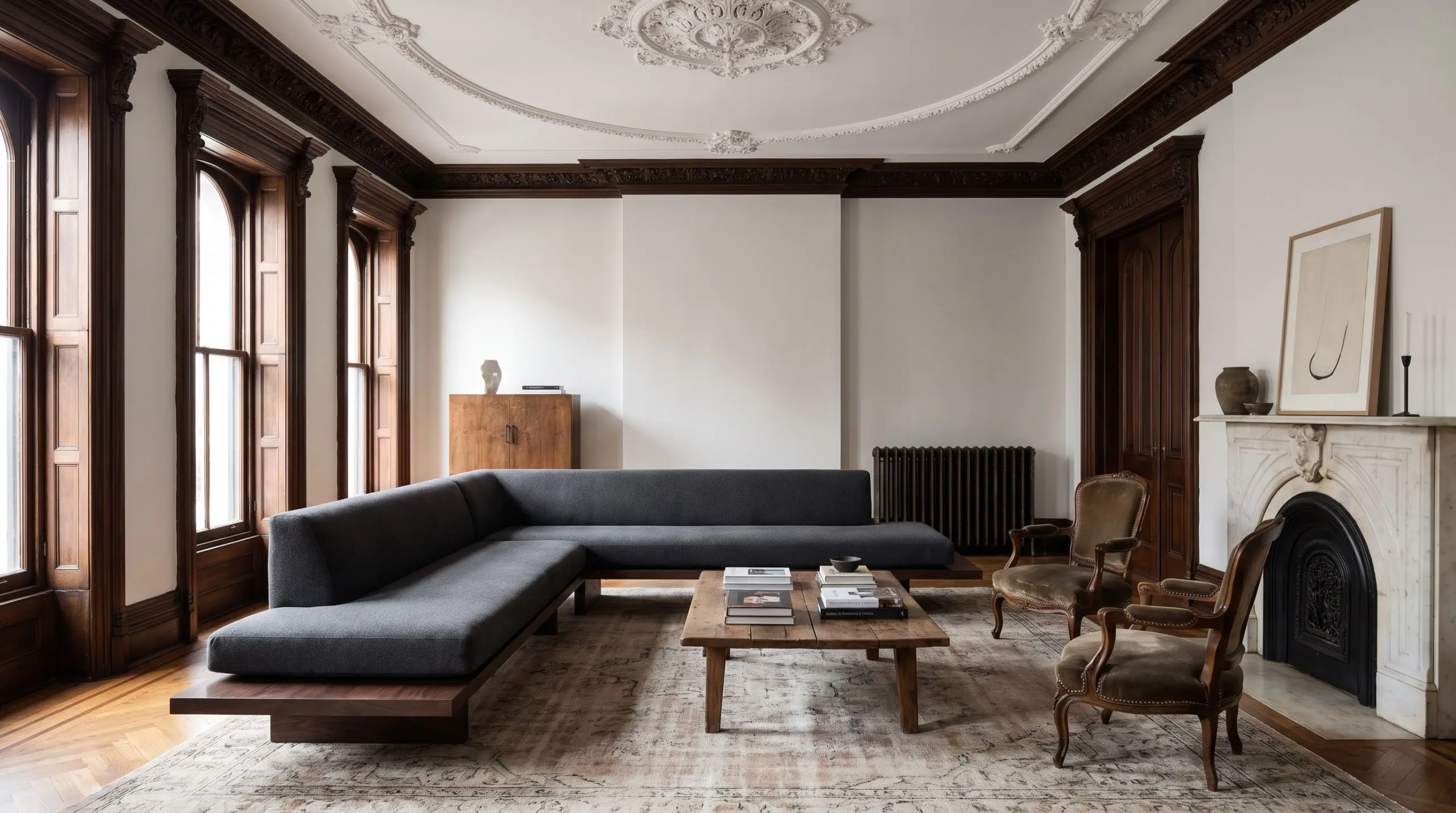 An ultra-modern matte wool Italian sofa floats away from walls featuring heavy Victorian moldings in 2027 maximalism and eclectic interior trends.