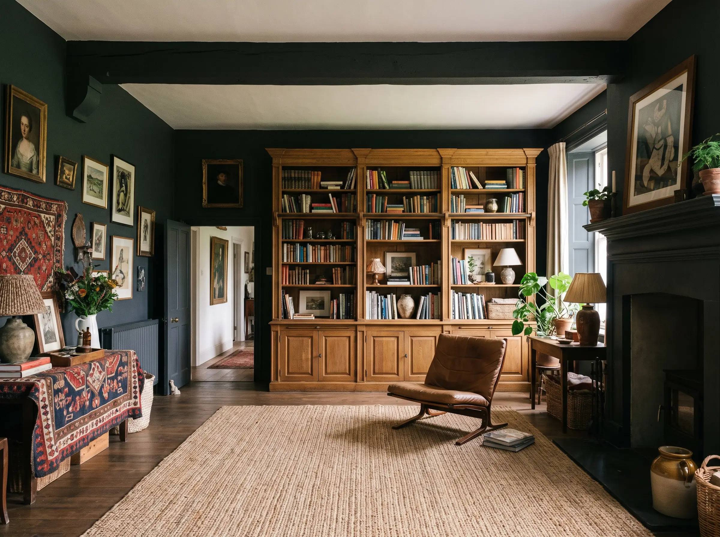 A monumental solid oak antique library bookcase anchors dark painted walls across from a modern low-slung reading chair and chunky sisal rug.