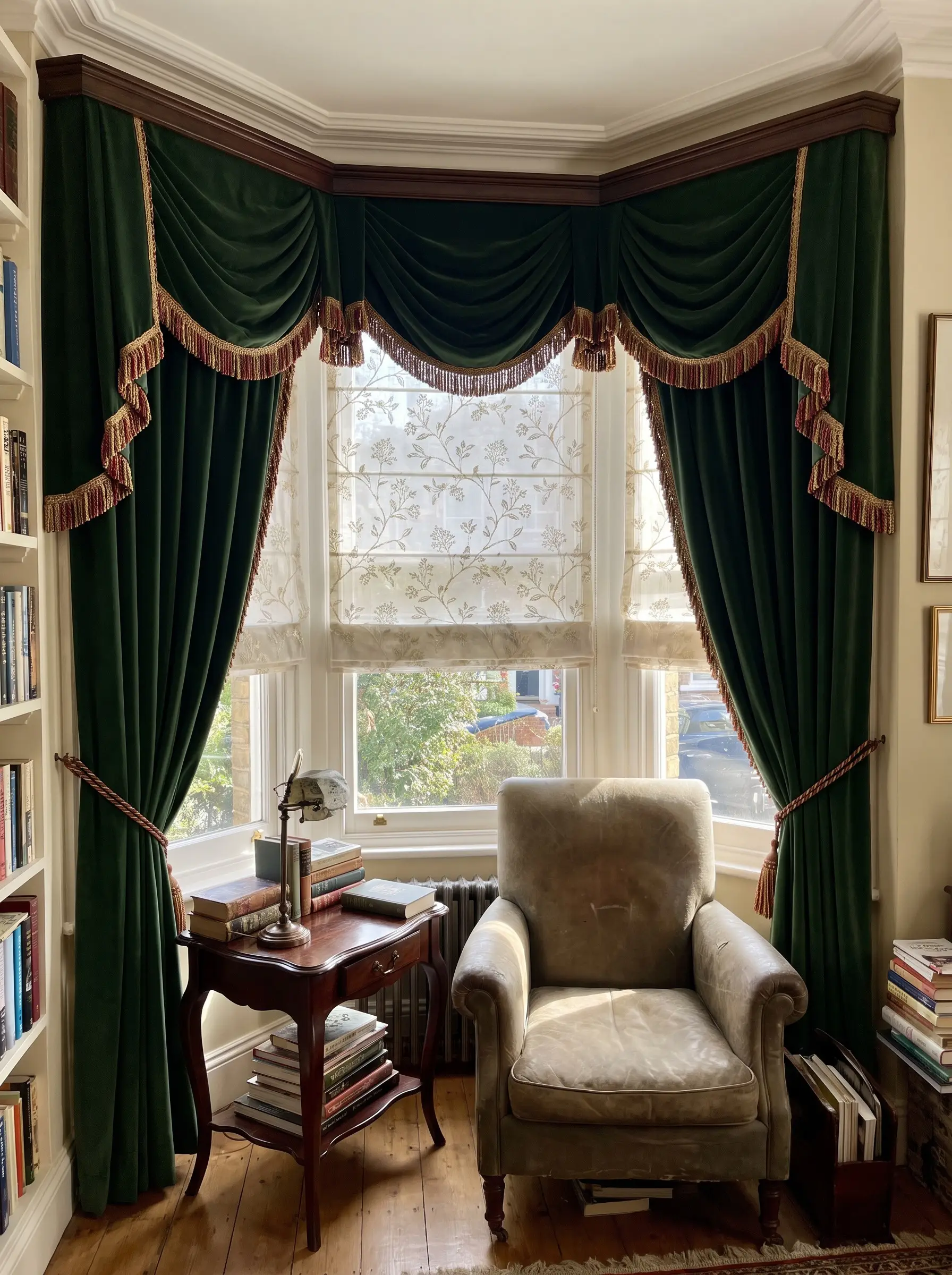 Heavyweight mohair velvet outer curtains layered over sheer patterned Roman shades feature silk-wrapped bullion fringe beside an antique mahogany side table.