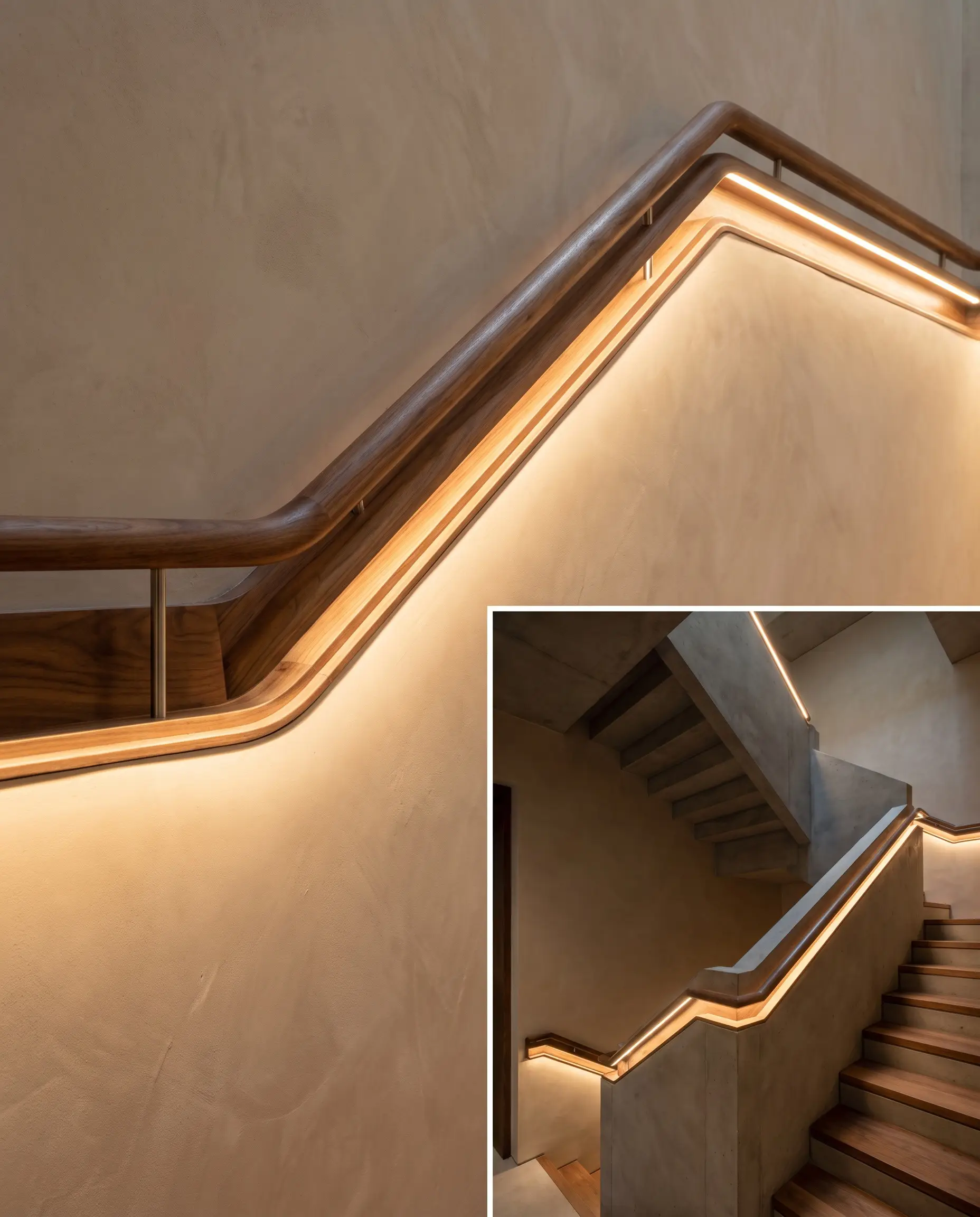 A continuous wooden handrail featuring a custom-routed groove with an integrated LED strip washes a textured plaster wall above minimalist steel stanchions.
