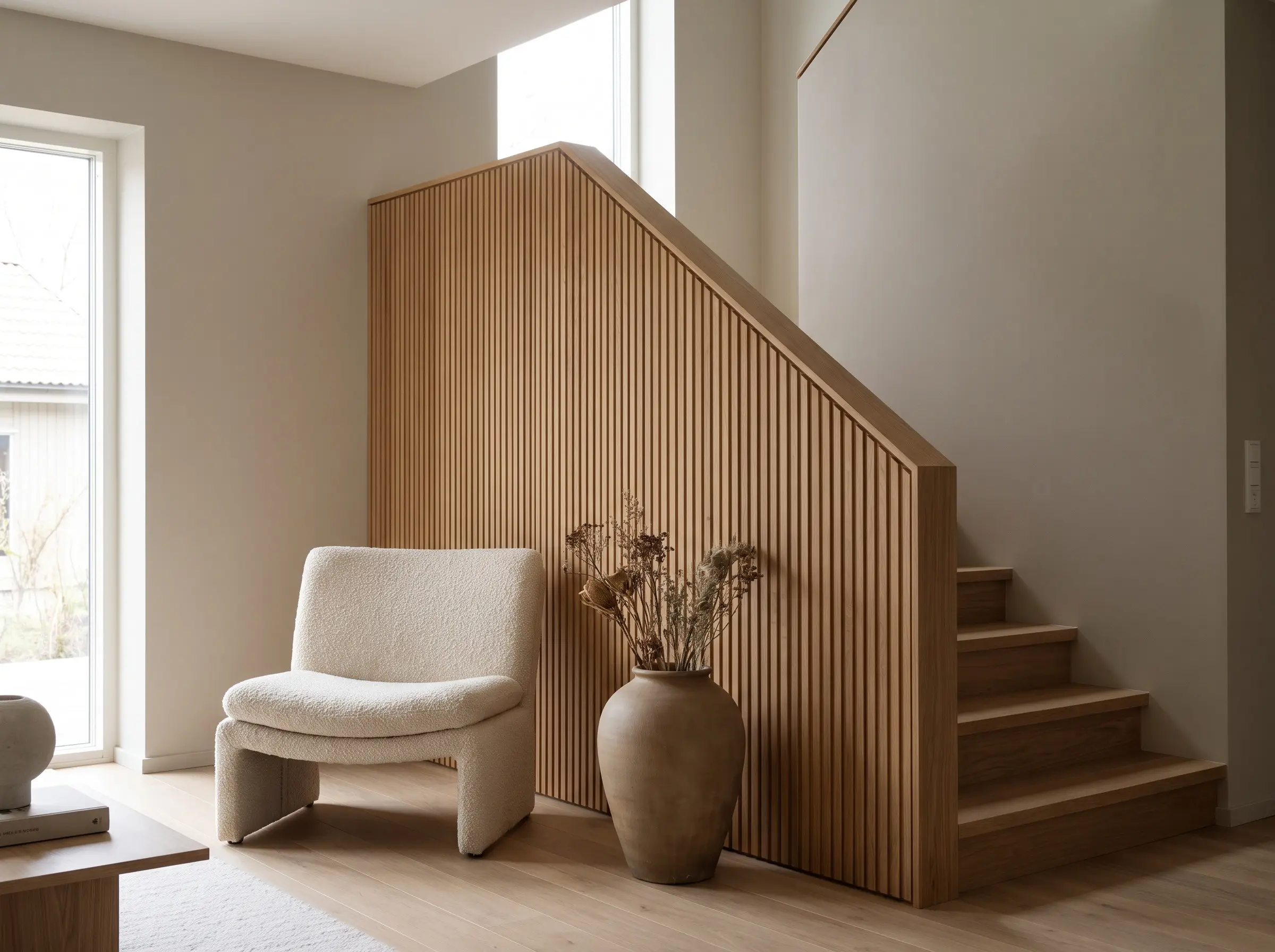 A continuous half-wall staircase balustrade clad in solid white oak fluted timber panels defines a serene minimalist living area, reflecting 2027 staircase and railing trends.
