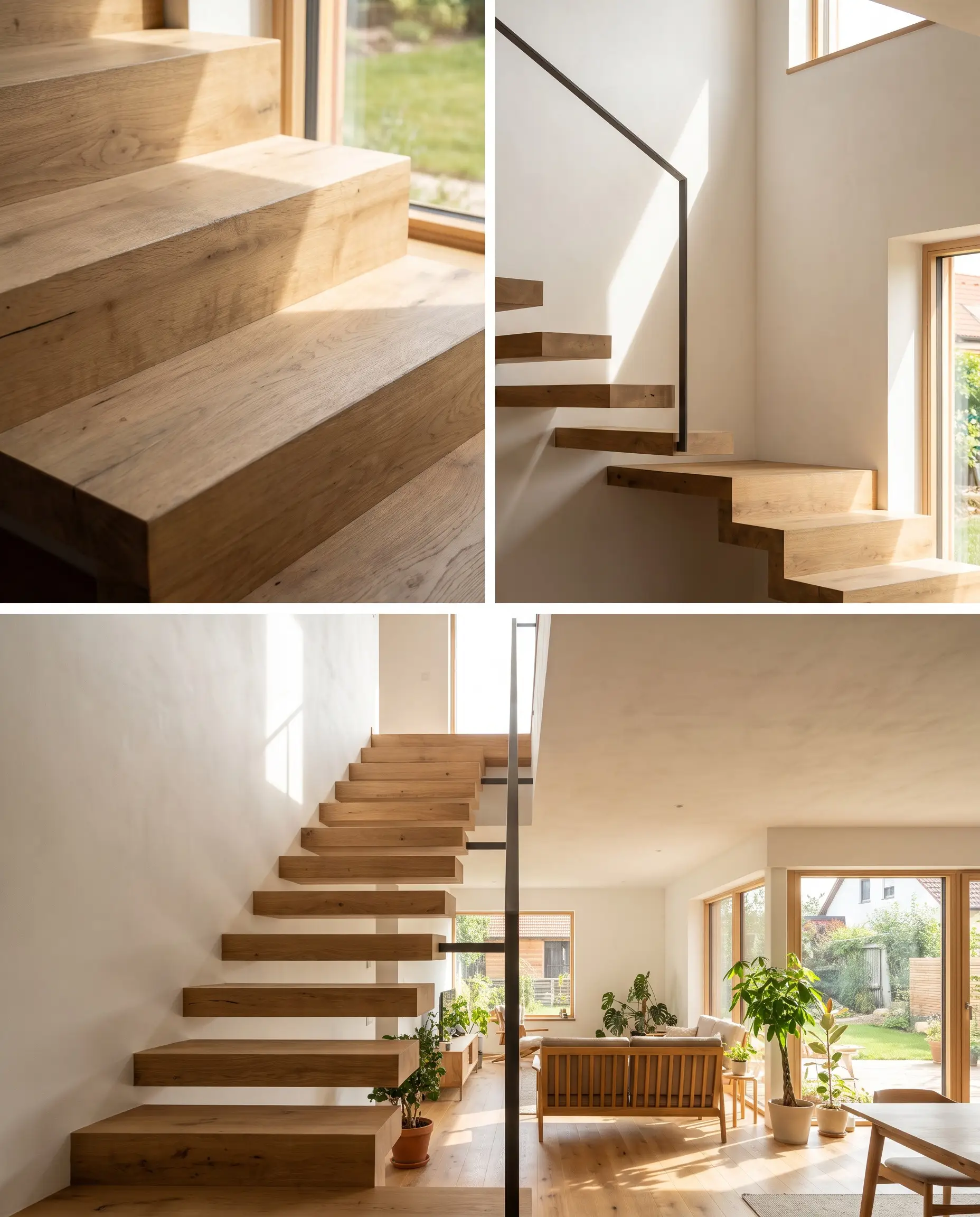 Premium architectural timber stair treads finished with a hard-wax natural oil contrast beautifully against smooth minimalist white plaster walls and a simple metal handrail.