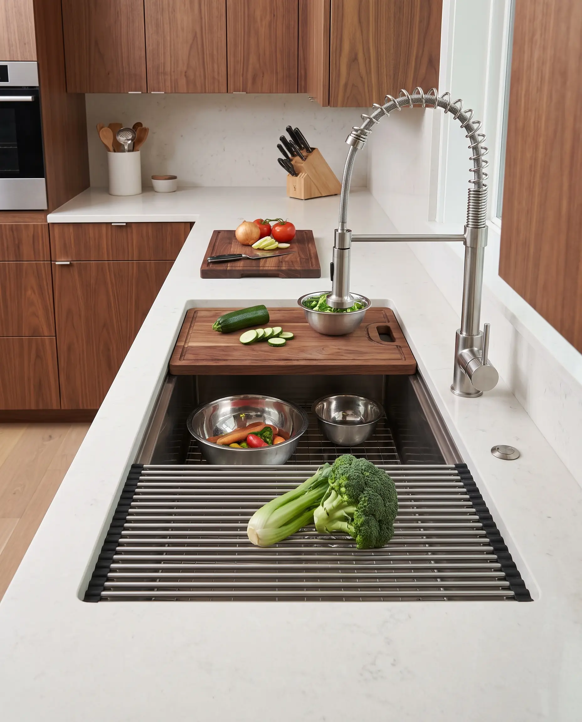 A 36-inch stainless steel workstation sink features custom walnut cutting boards and a heavy-duty drying rack set into light quartz countertops.