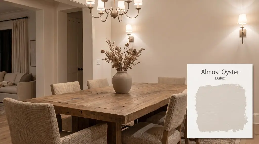 A rustic reclaimed wood table and woven linen chairs sit against an inviting warm beige backdrop of Dulux Almost Oyster (Hex #E7DCD5).