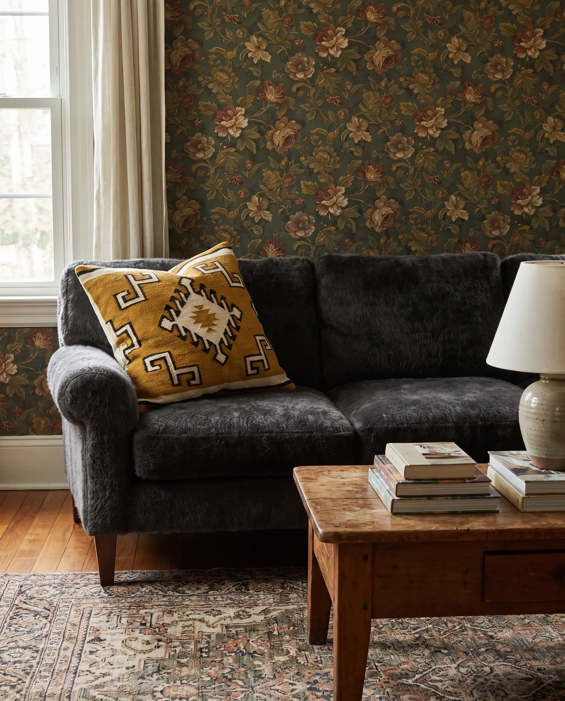 A solid Angora mohair velvet sofa holds a large-scale geometric throw pillow against a backdrop of loud, sprawling floral wallpaper.
