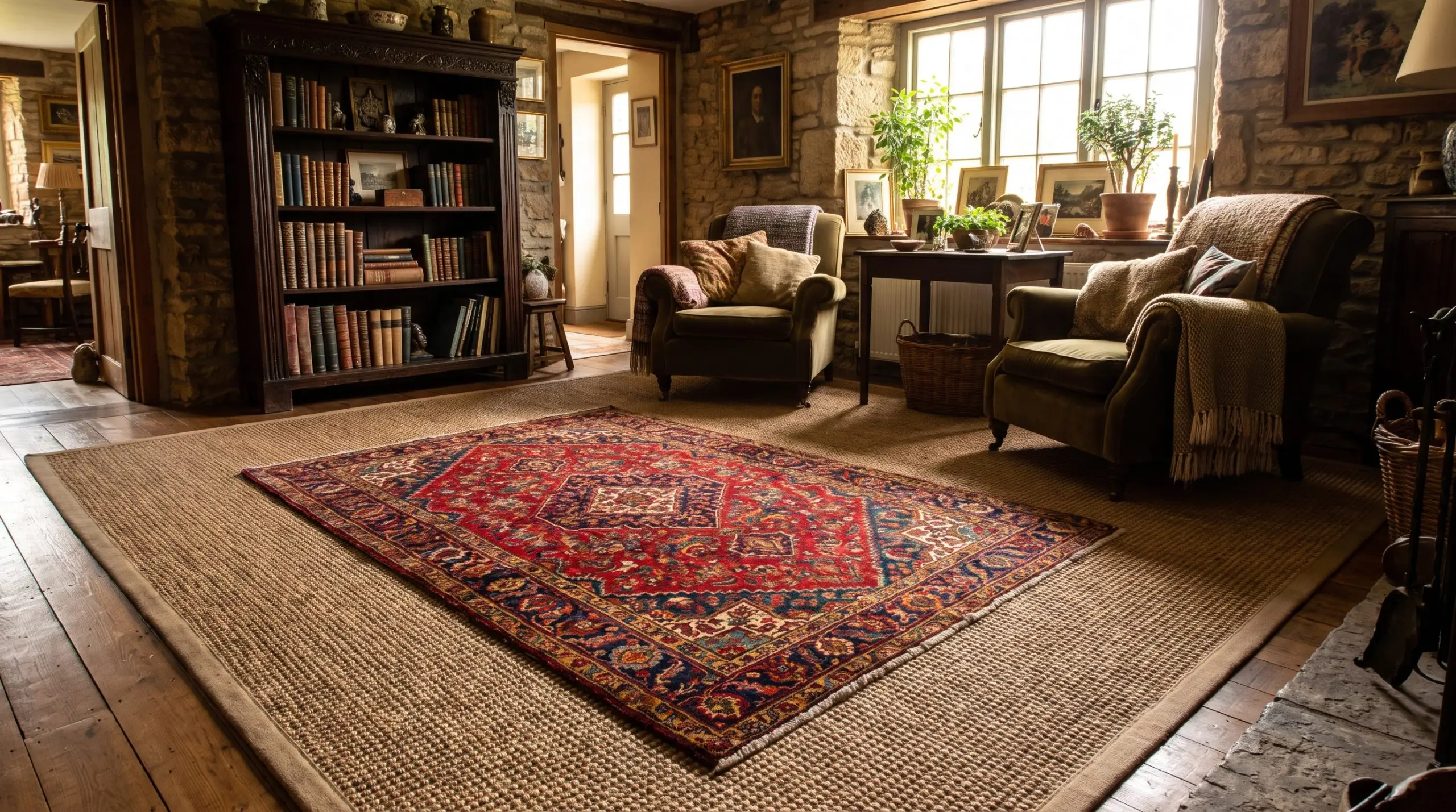 A hand-knotted antique Persian wool rug floats over a chunky natural sisal rug in a living room showcasing 2027 maximalism and eclectic interior trends.