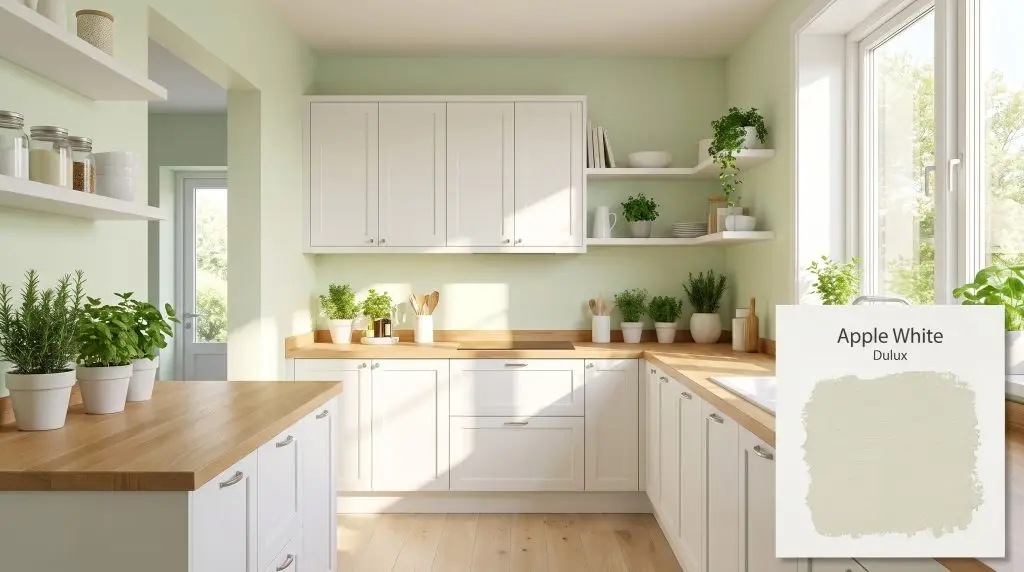 White shaker cabinets and light wood countertops define this airy modern kitchen featuring walls coated in Dulux Apple White (Hex #E9EAD9).