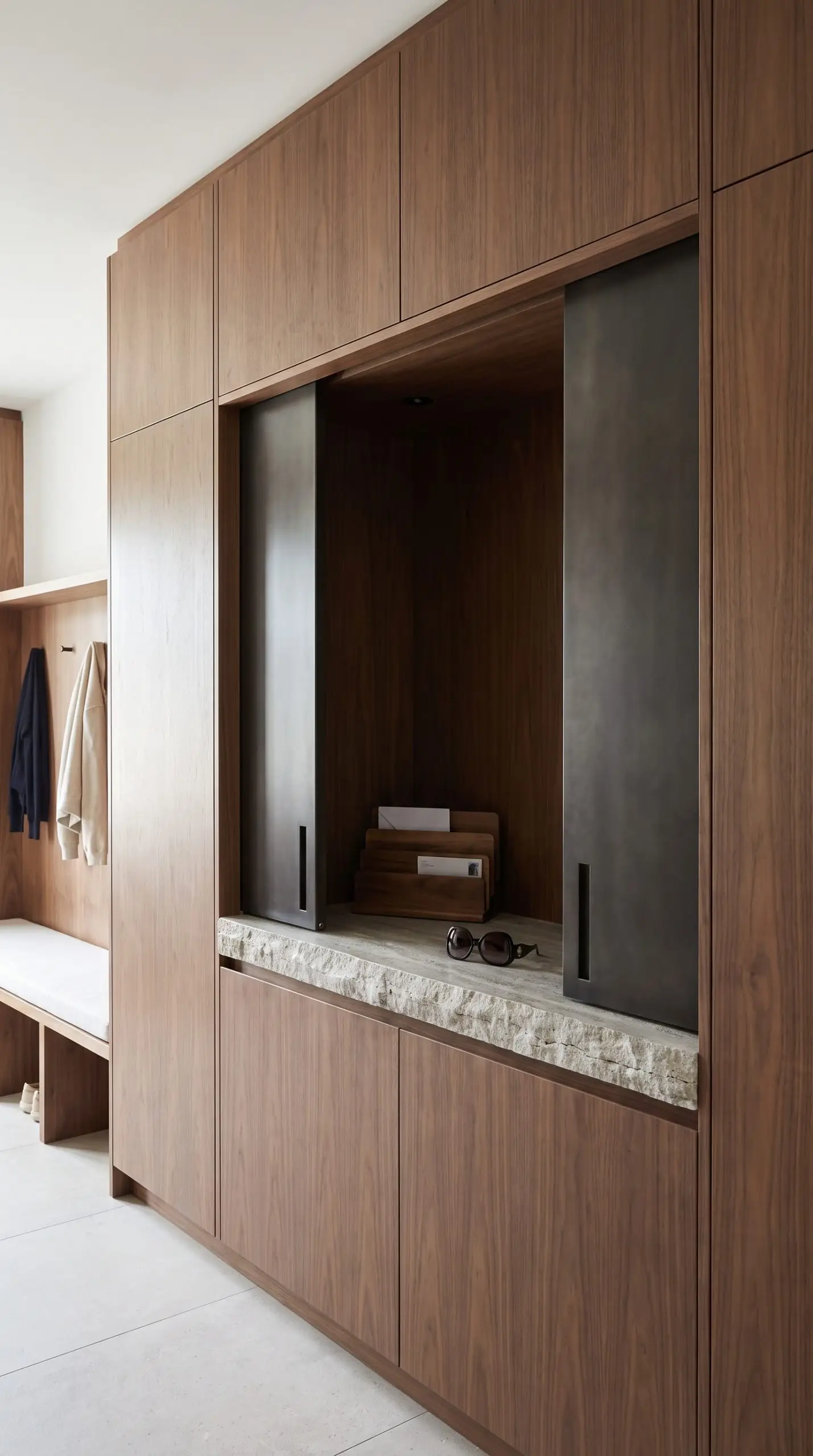 Heavy-duty sliding pocket doors retract into matte walnut cabinetry to reveal a hidden silver travertine countertop housing a minimalist mail sorter.