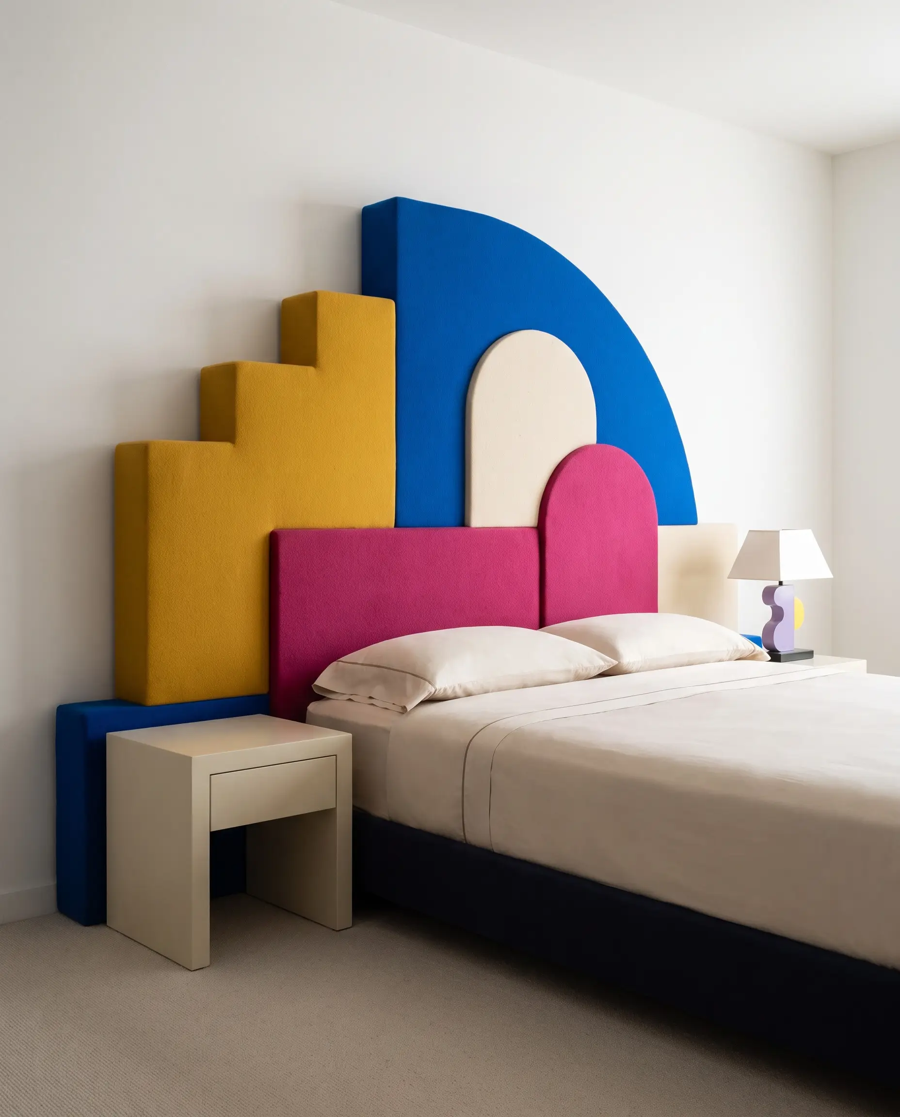 An avant-garde asymmetrical headboard features dense foam modular padded blocks upholstered in heavy-duty wool blends with off-center arches and stepped heights.