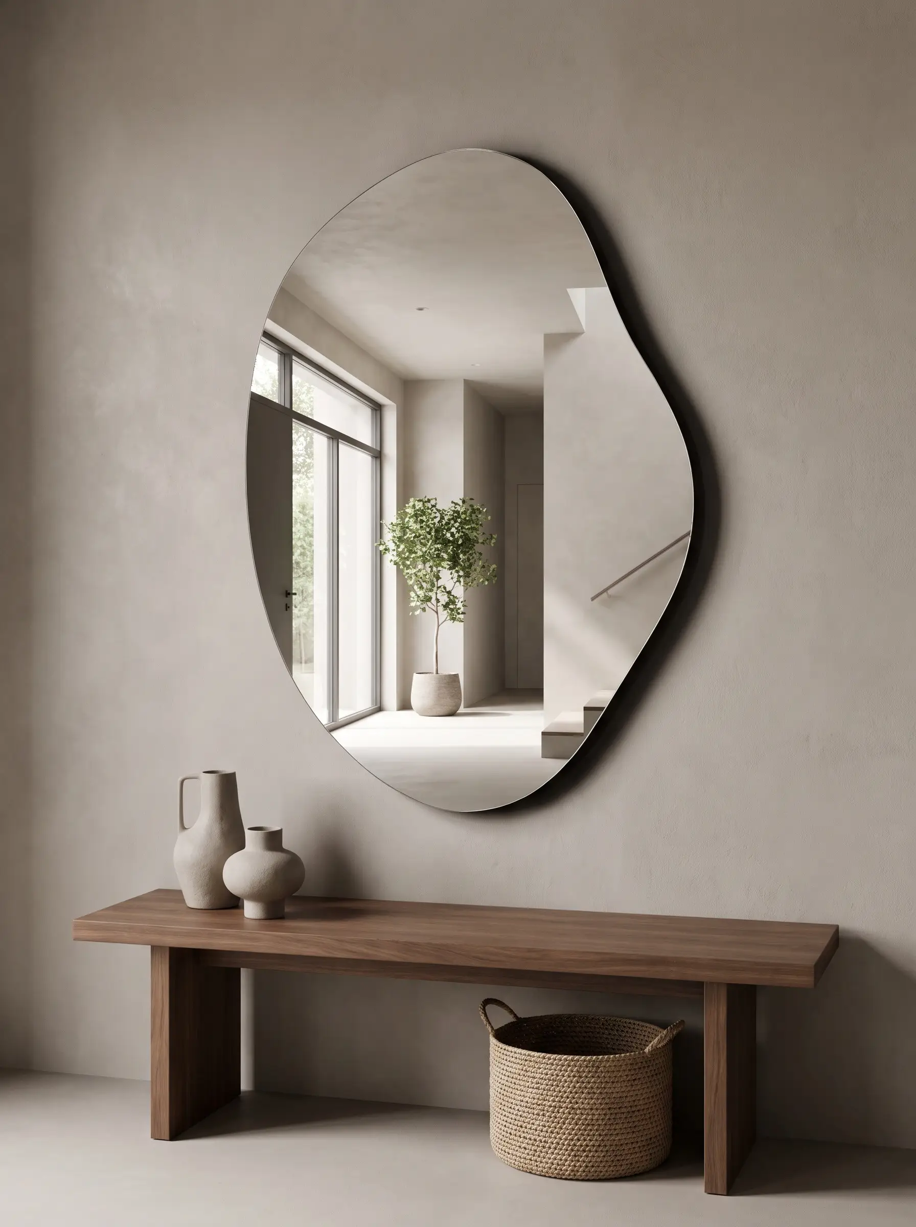 A large amoeba-like frameless mirror floats on a concealed wooden cleat above a sleek matte walnut bench in a bright foyer.