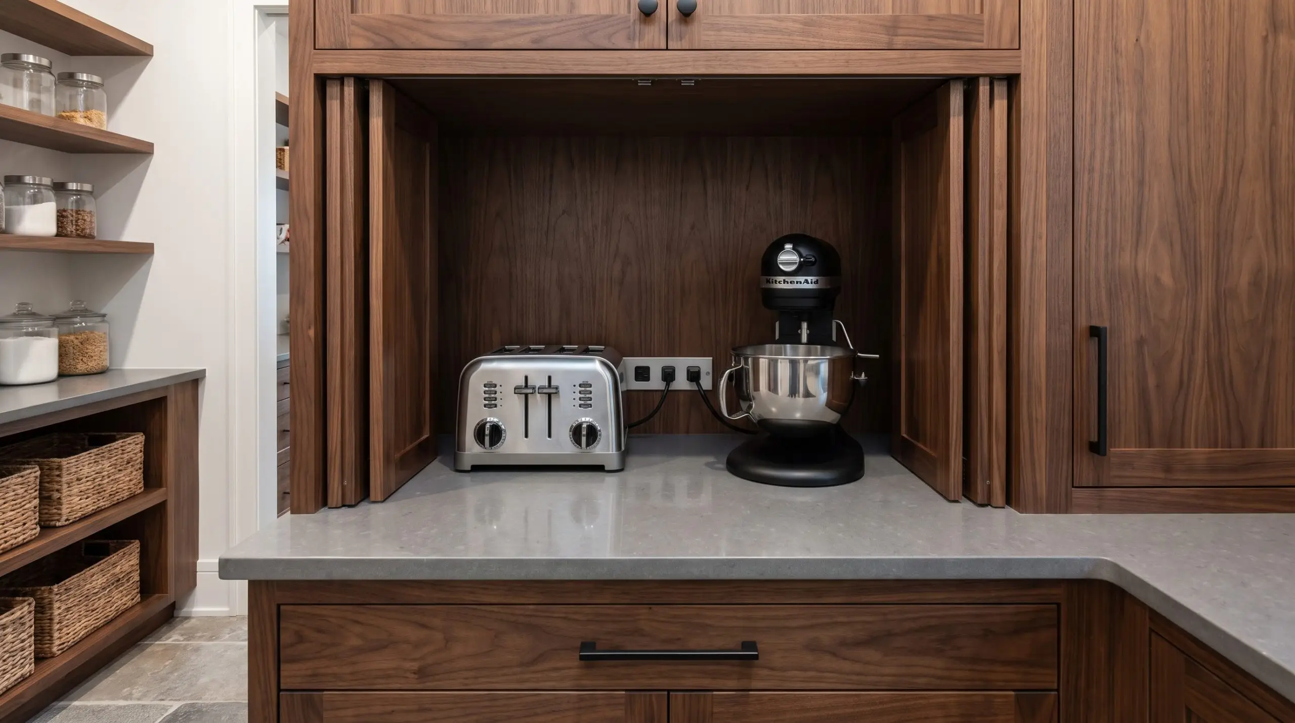 Heavy-duty retractable bi-fold pocket doors push back into custom millwork to reveal walk in pantry and scullery trends like a hidden counter-level small appliance garage.