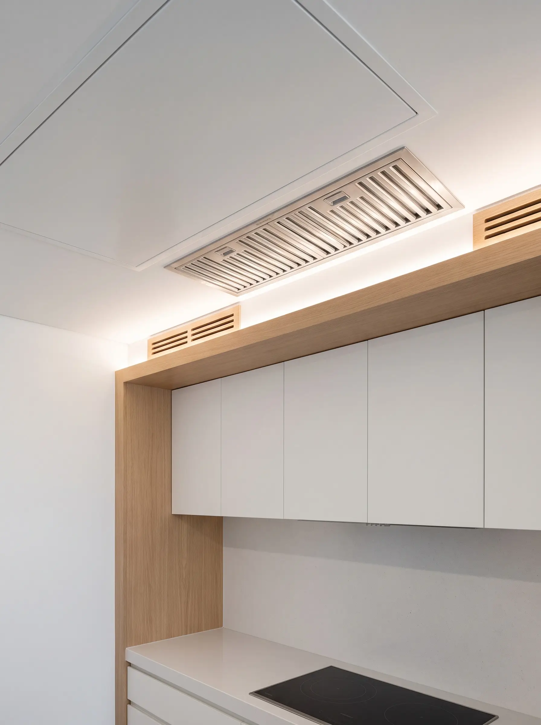 A flush-mount ceiling exhaust fan and concealed secondary range hood integrate flawlessly into custom millwork above sleek countertops in a windowless prep kitchen design.