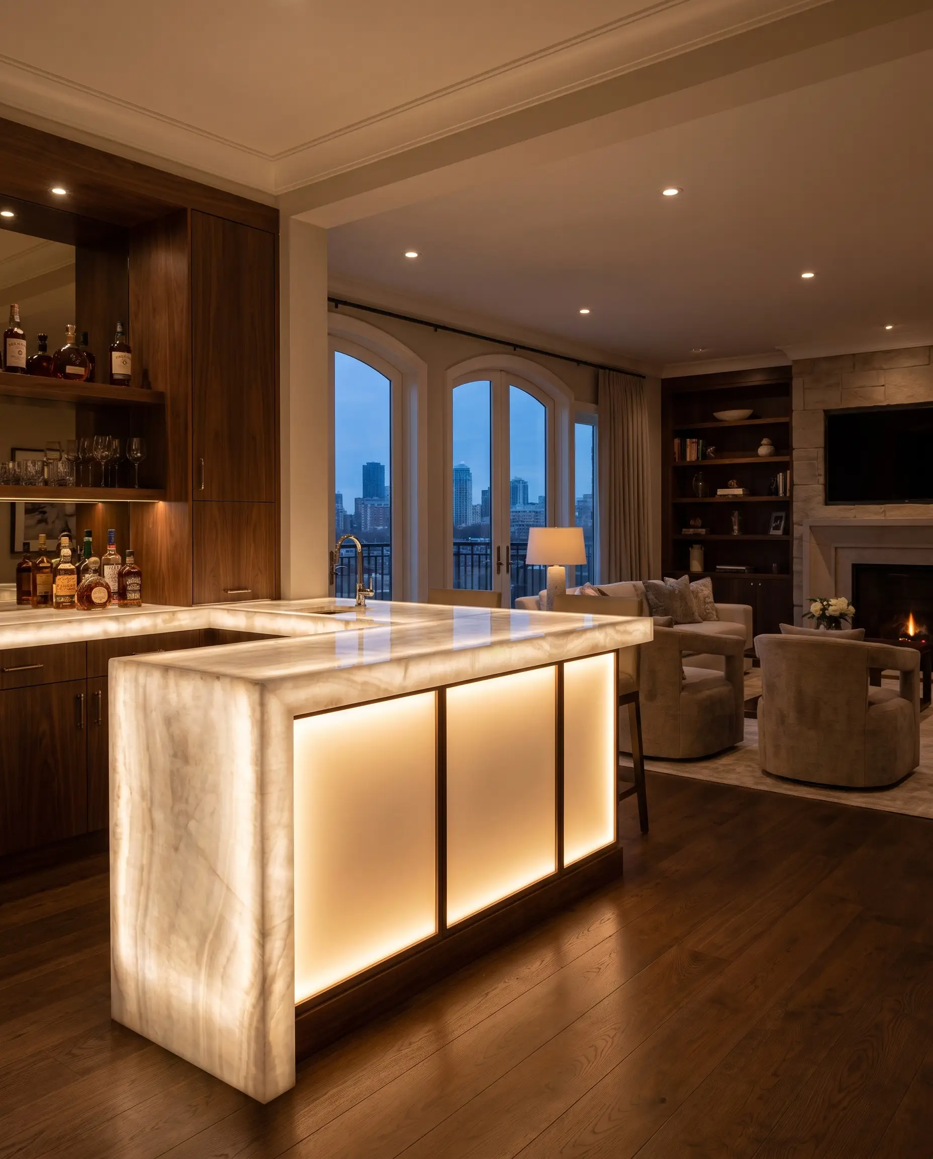 Custom LED light sheets directly beneath a translucent white onyx serving counter emit an ethereal glow against dark wood cabinetry in a sophisticated living room.