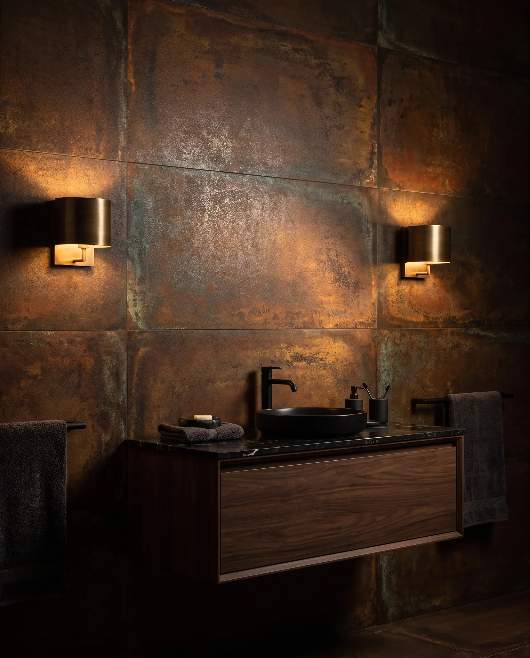 Large-format metallic-glaze porcelain slabs mimicking oxidized corten steel back a floating dark walnut vanity and black marble countertop in a moody ensuite.