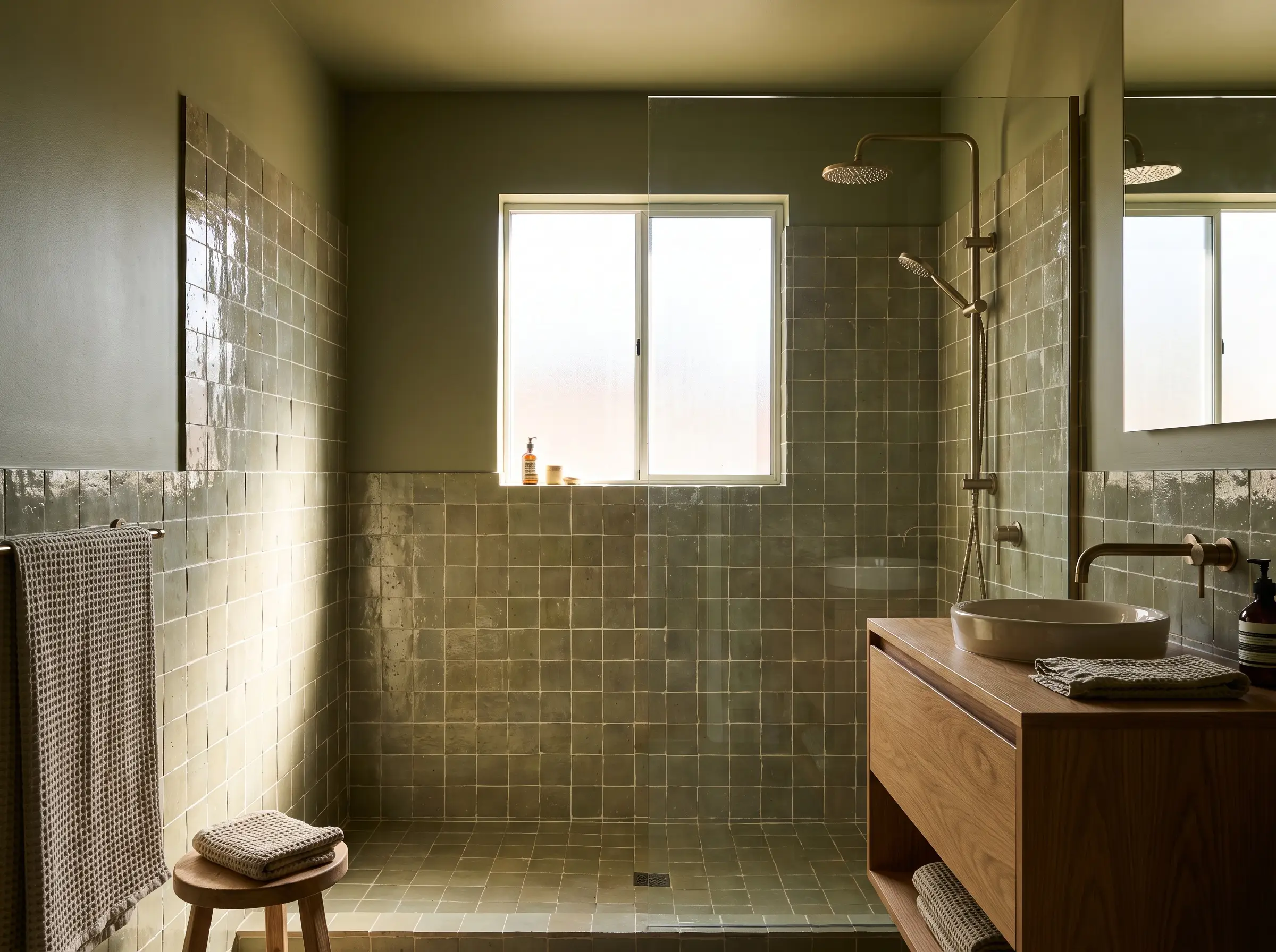Authentic handmade Moroccan Zellige tiles in a dusty olive glaze wrap the lower walls below perfectly color-matched Farrow and Ball Bancha painted drywall.