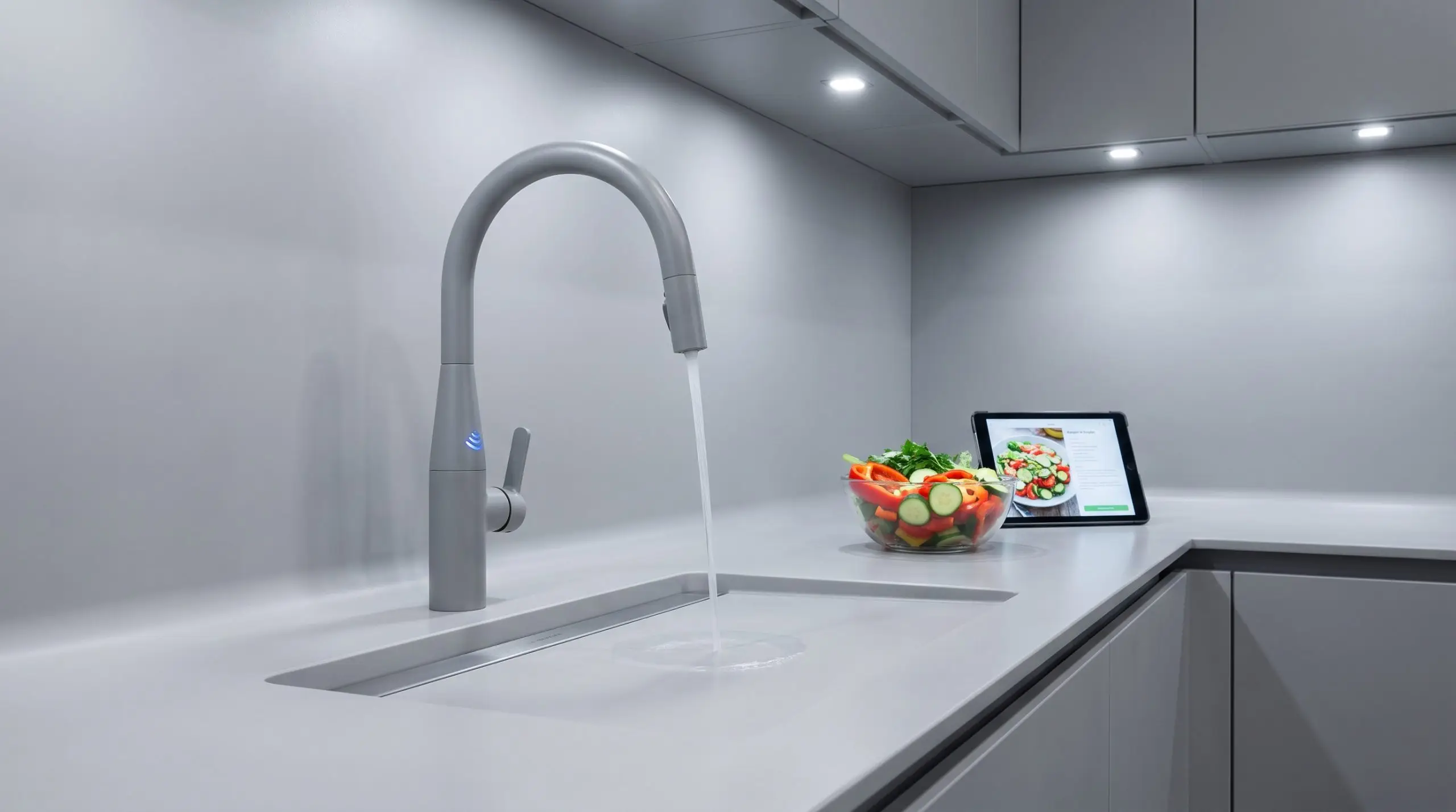 A streamlined touchless sensor faucet dispenses water over an integrated flush-mount drain set into smooth Corian countertops and minimalist matte grey cabinetry.