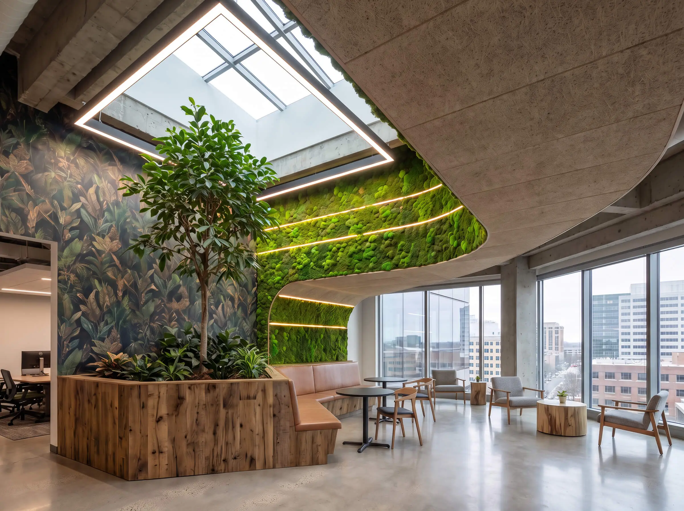 A custom floor-to-ceiling botanical vinyl wallcovering and an integrated preserved reindeer moss wall frame a central indoor tree in this corporate lounge.