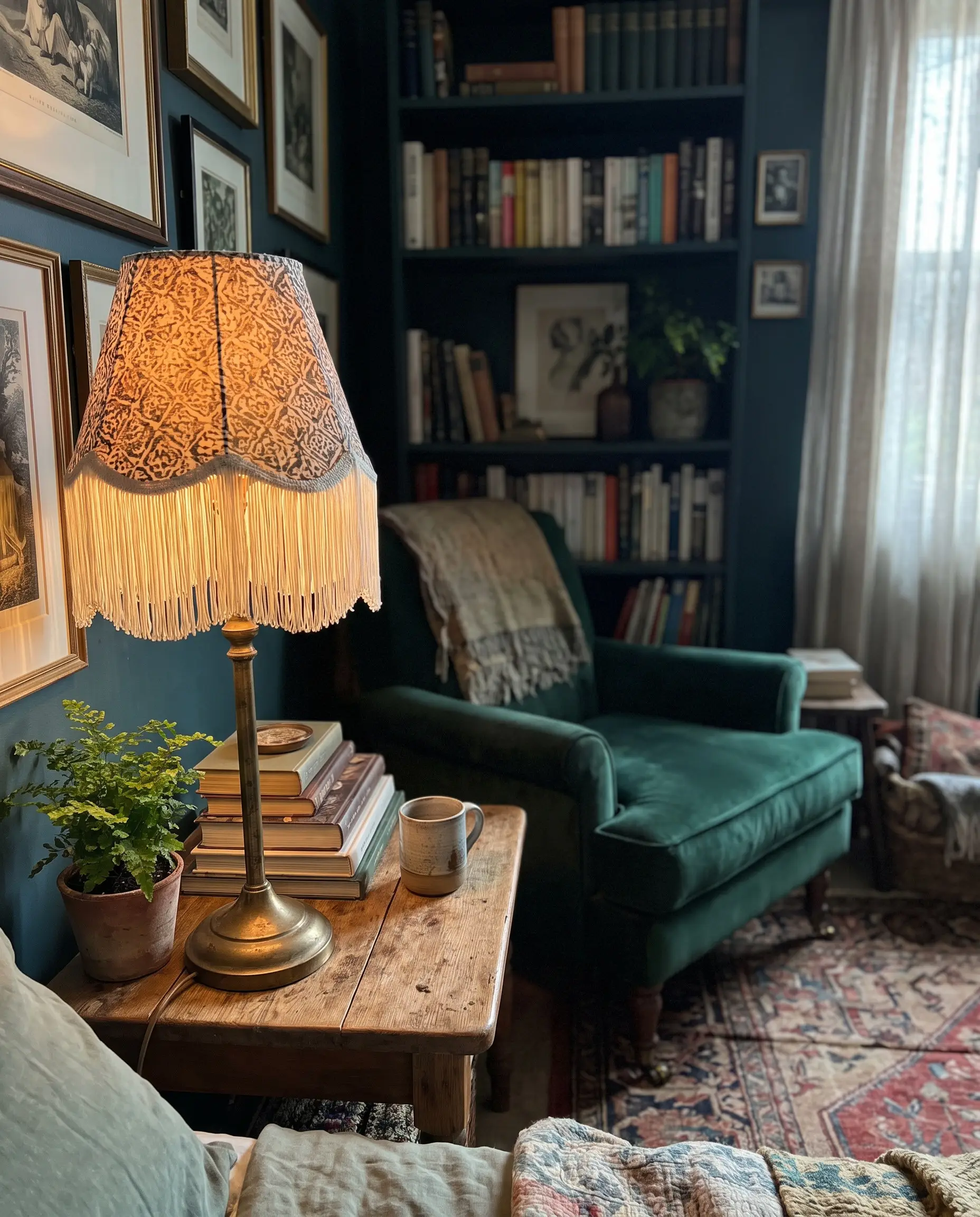 A custom block-printed cotton lampshade with sweeping silk fringe rests on an unlacquered brass base, capturing 2027 maximalism and eclectic interior trends.