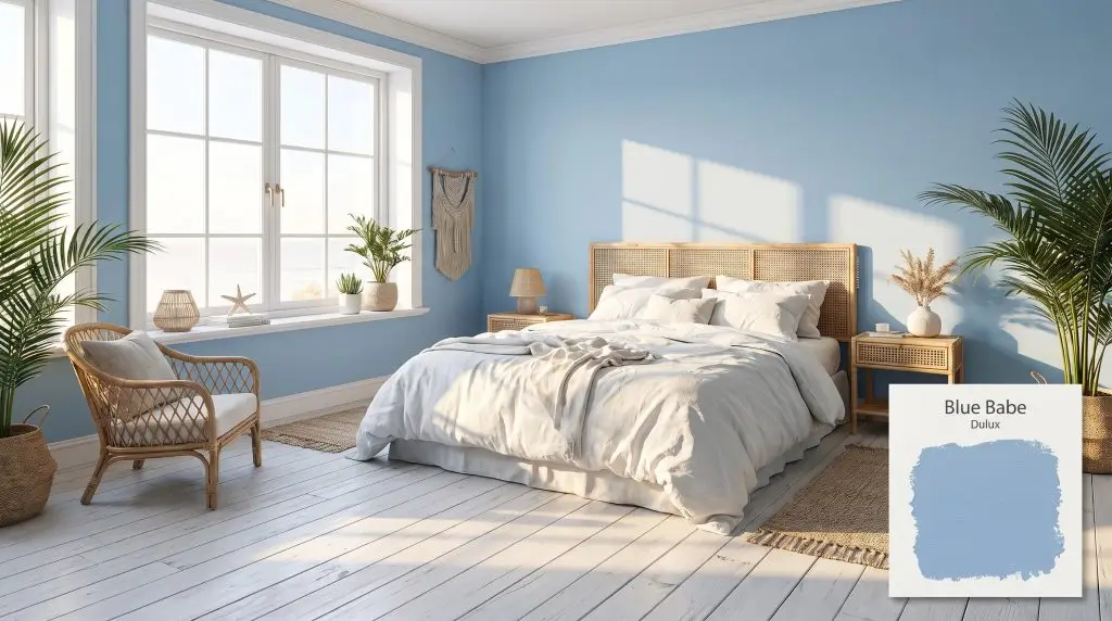 Natural rattan furniture and white linen bedding complement whitewashed wood floors and vibrant Dulux Blue Babe (Hex #92B8DC) walls in this coastal bedroom.