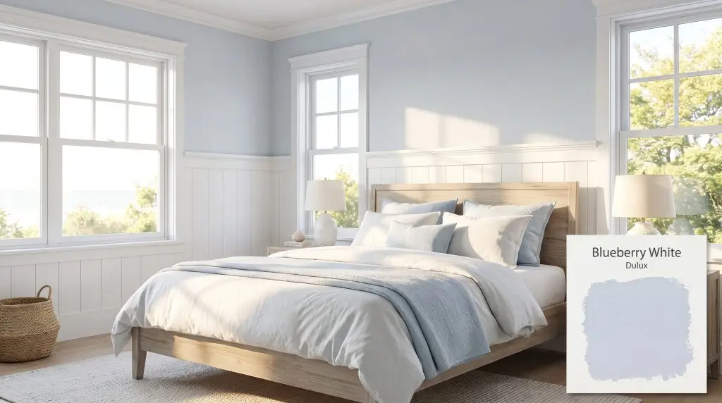 Crisp white wainscoting and a light driftwood bed frame are beautifully framed by misty blue-gray walls in Dulux Blueberry White (Hex #D8E0E9).