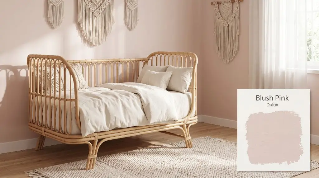 A natural rattan crib and creamy white textiles rest on light oak flooring surrounded by Dulux Blush Pink walls (Hex #E6D8D1).