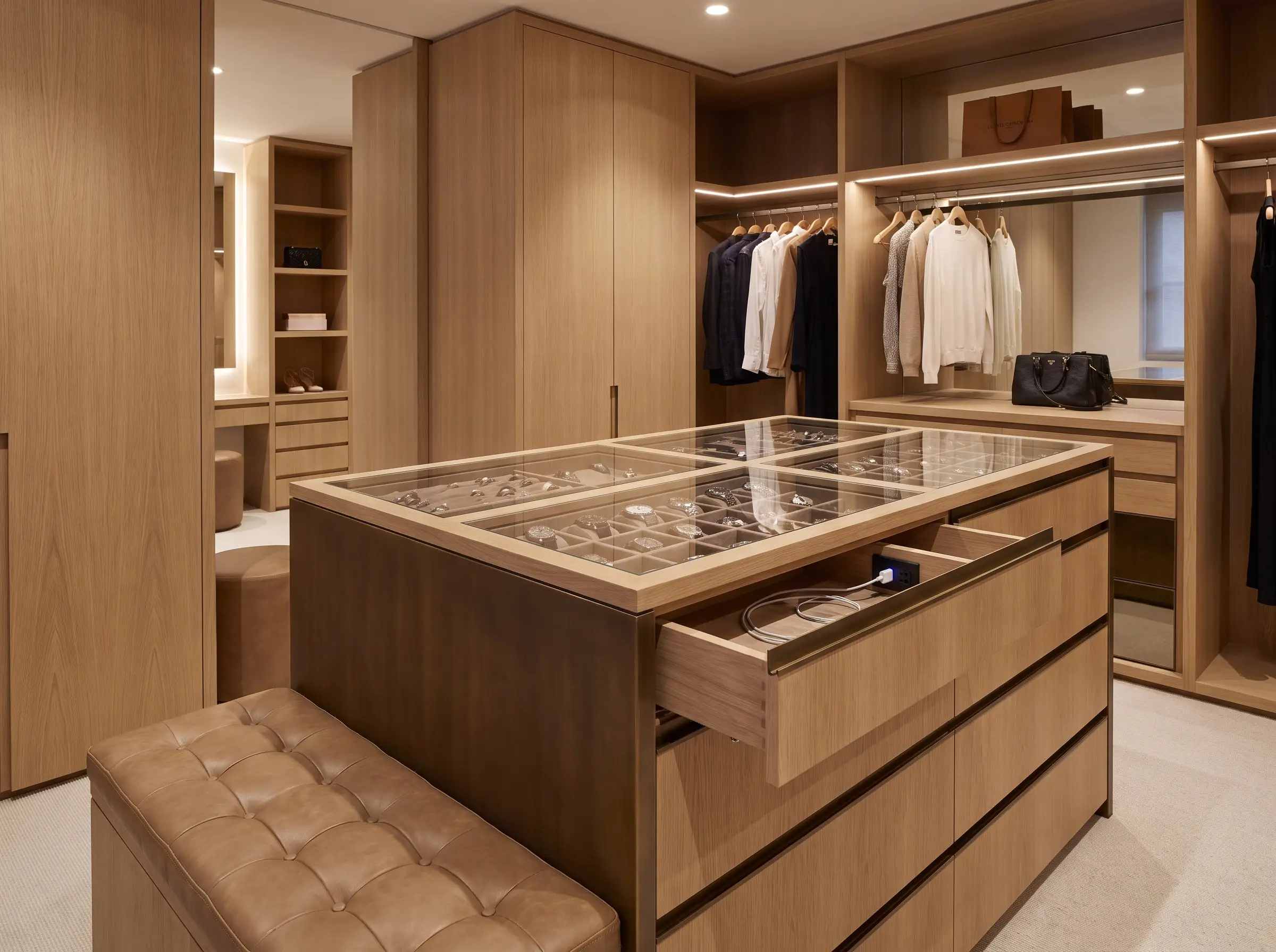 A rift-sawn oak center island features integrated leather-tufted bench seating and tempered glass countertops revealing velvet-lined jewelry trays.